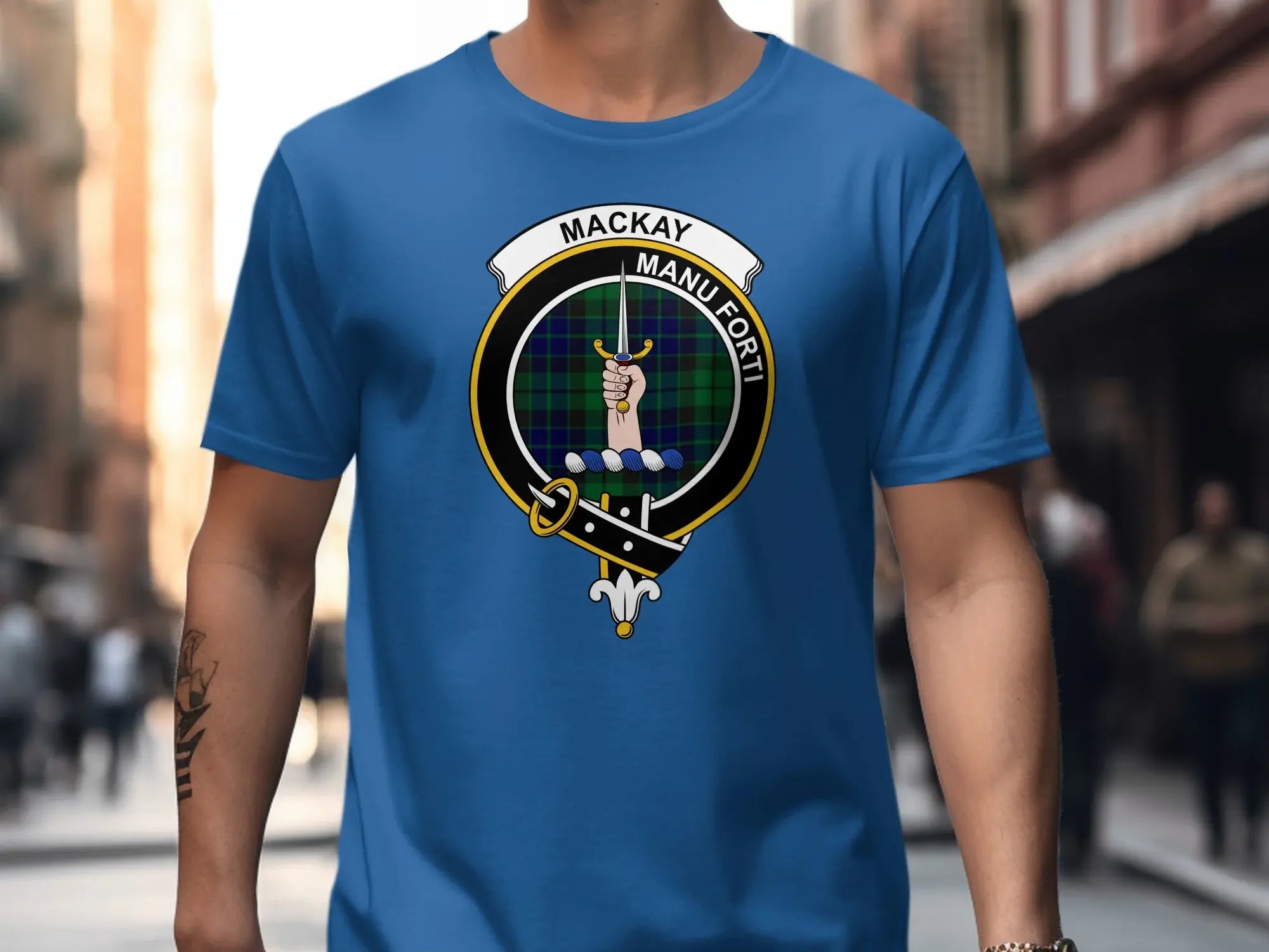 MacKay Manu Forti emblem blue t-shirt — clan heraldic design on cotton, unisex fit