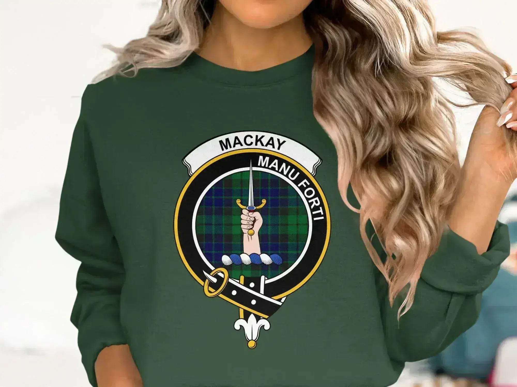 MacKay Manu Forti clan crest sweatshirt — heraldic design on fleece