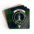 MacKay clan crest tartan coasters set of 4 — natural cork squares with Manu Forti heraldic design