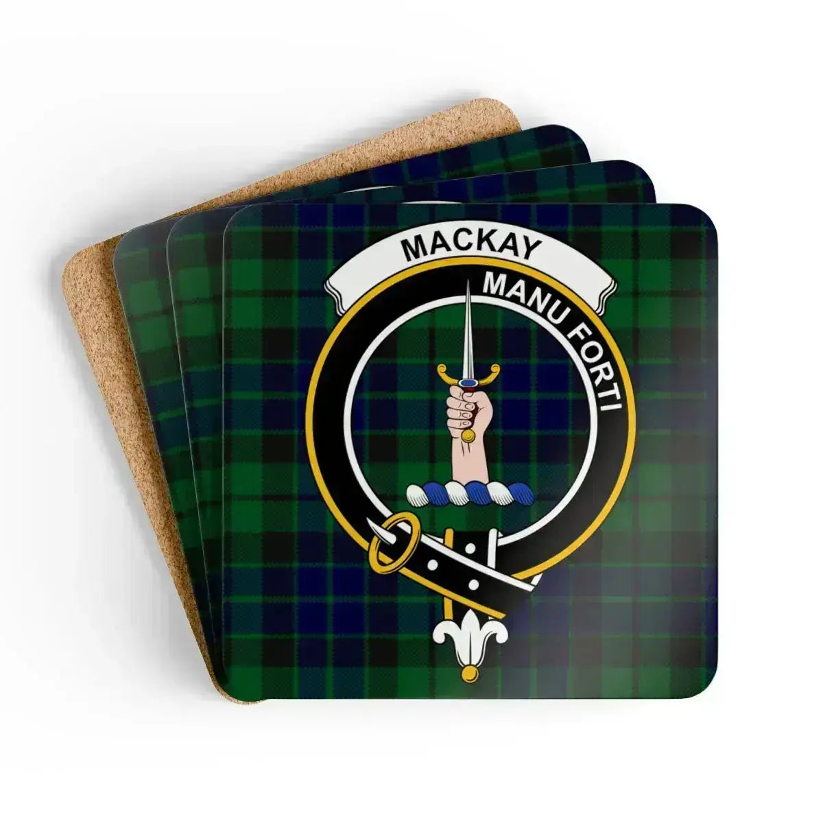 MacKay clan crest tartan coasters set of 4 — natural cork squares with Manu Forti heraldic design