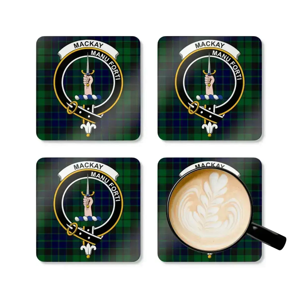 MacKay clan tartan coasters set for drinkware — four cork coasters with heraldic design