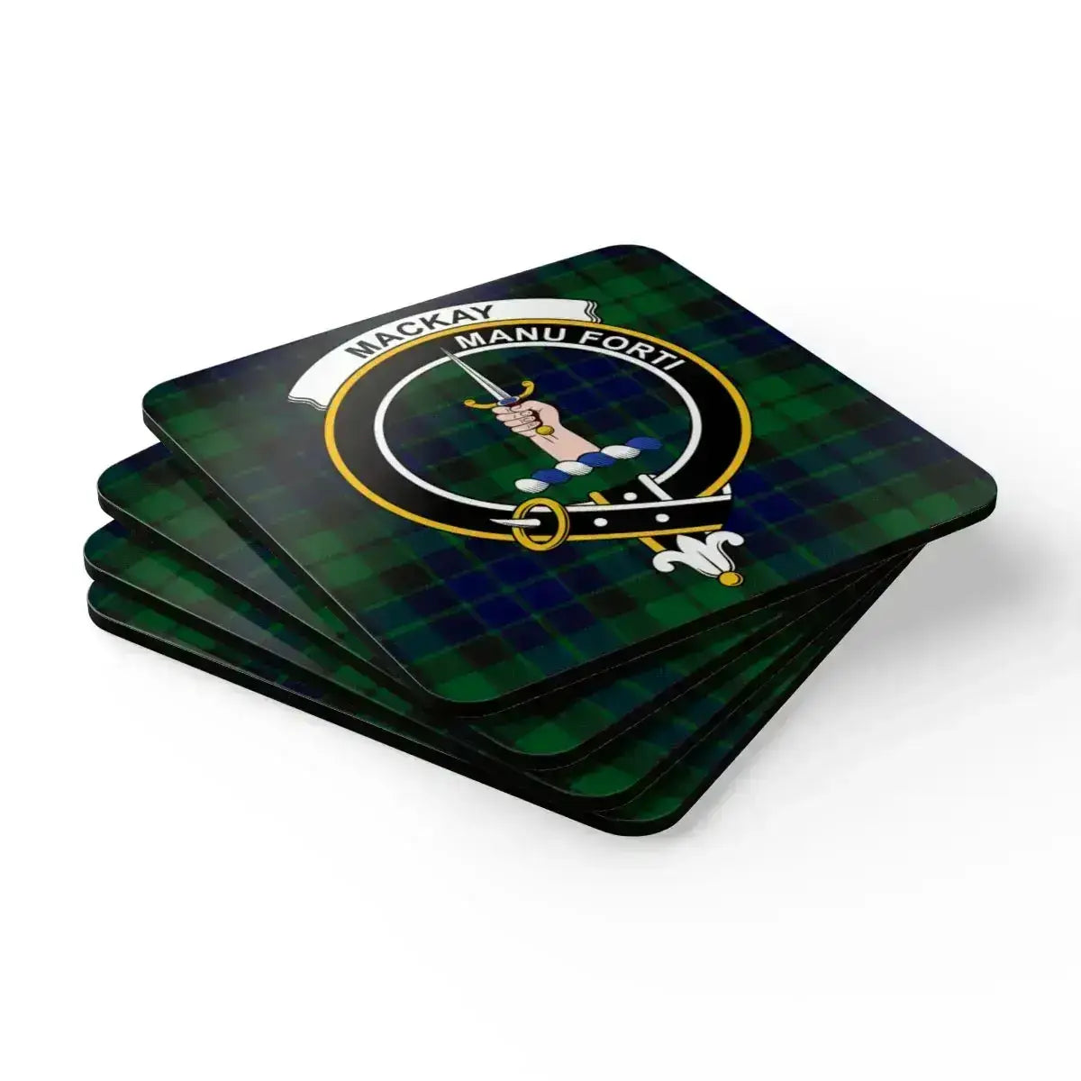 MacKay Manu Forti clan crest tartan coaster — natural cork base, glossy sealed print