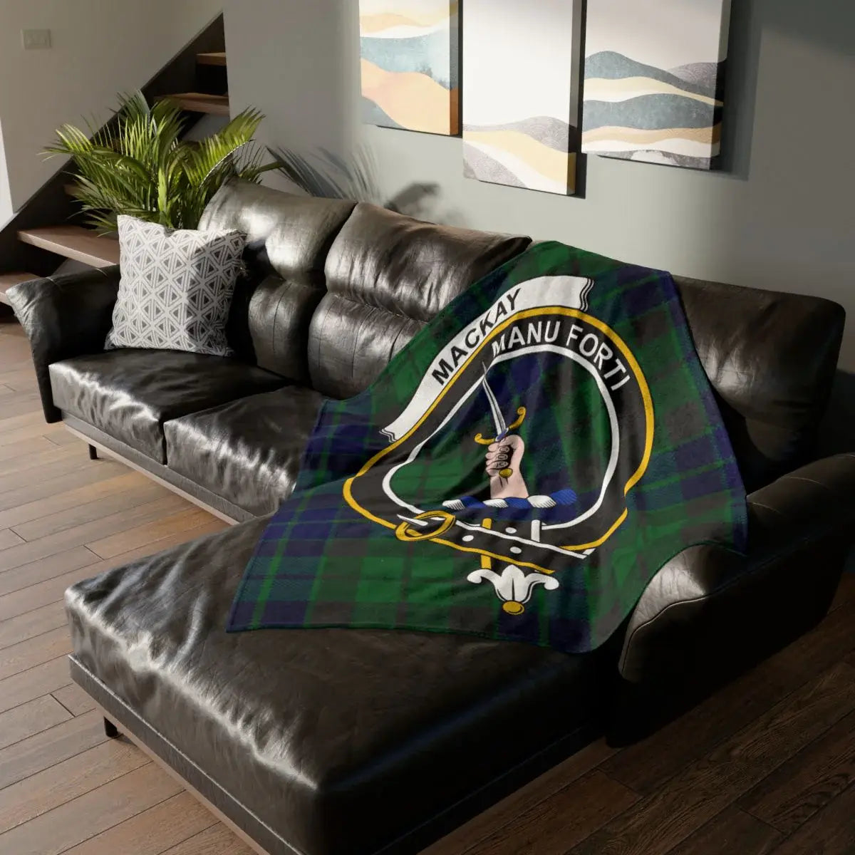 MacKay Manu Forti clan crest tartan throw blanket — 50x60 polyester with heraldic design