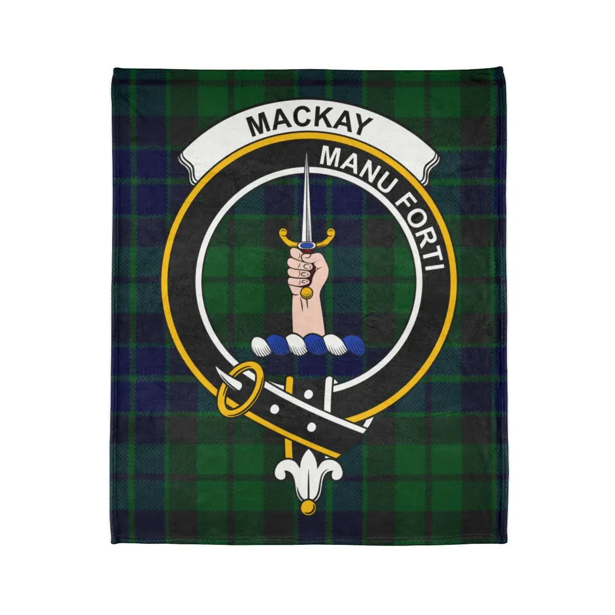 MacKay Manu Forti crest emblem tartan blanket — clan heraldic design on 50x60 polyester