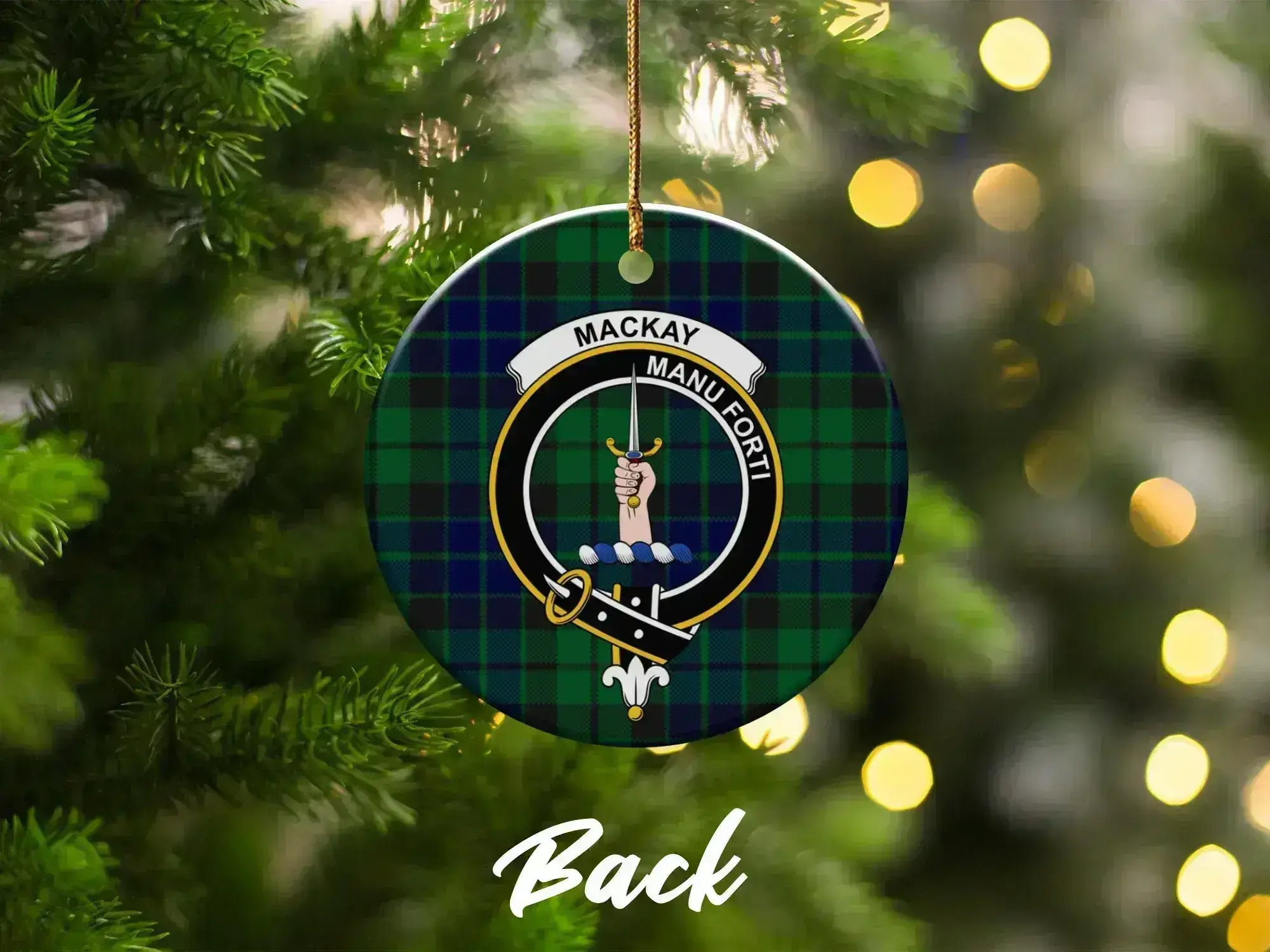 MacKay Manu Forti tartan Christmas ornament — double-sided glazed ceramic, 3-inch disc