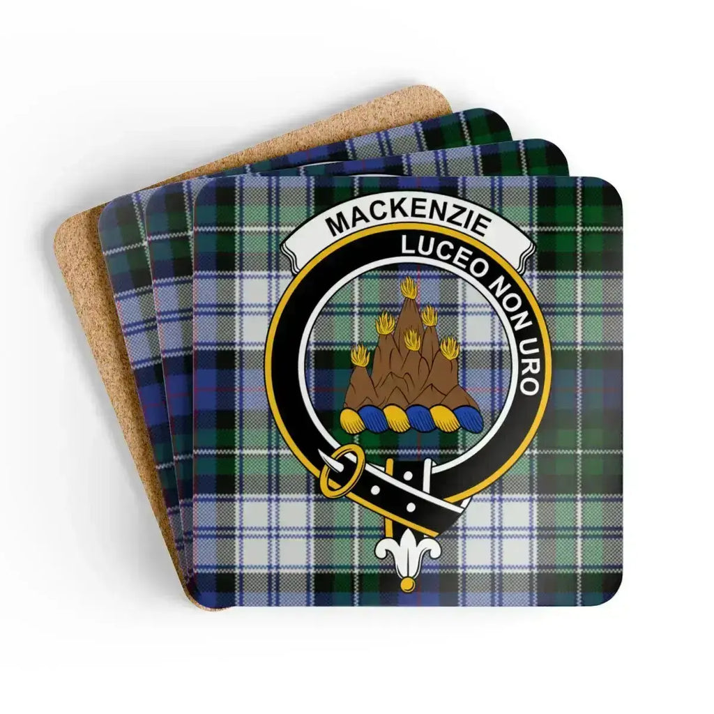 MacKenzie family crest tartan coasters set of 4 — natural cork squares with Luceo Non Uro heraldic design