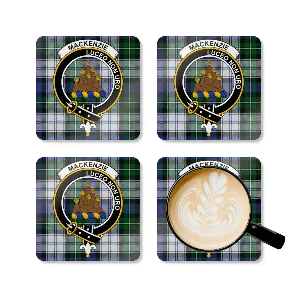 MacKenzie Luceo Non Uro plaid design coaster set of four — cork coasters with heraldic design