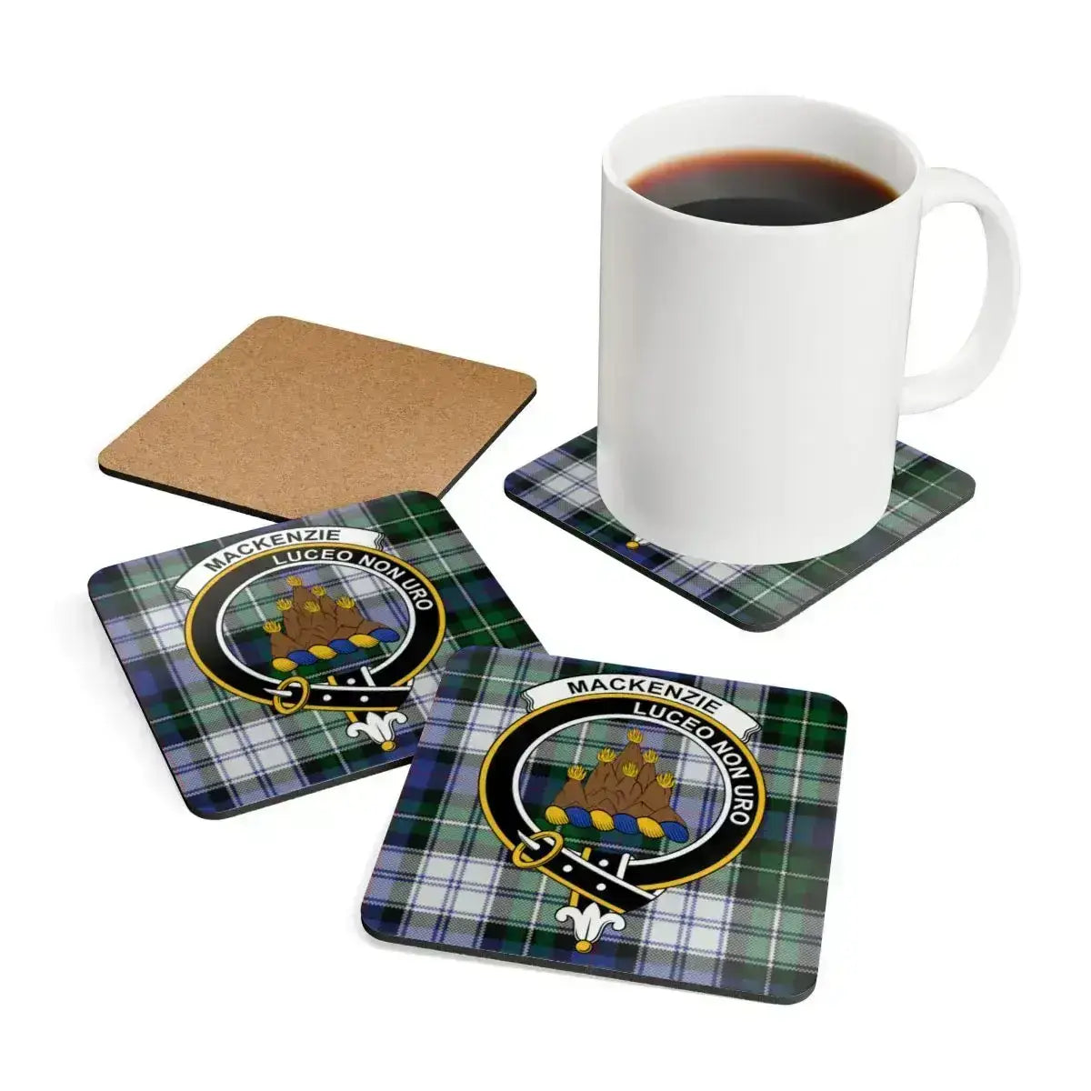 MacKenzie tartan clan crest insignia coasters — 3.75-inch corkwood with glossy sealed print