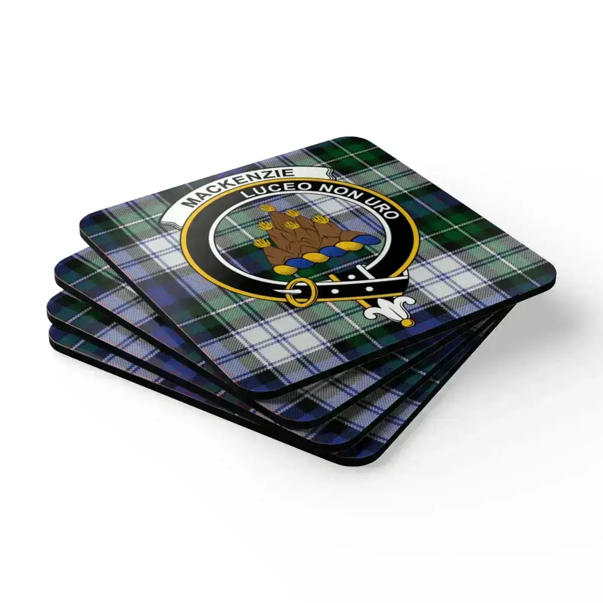 MacKenzie Luceo Non Uro clan design coasters — natural cork base, glossy sealed tartan print