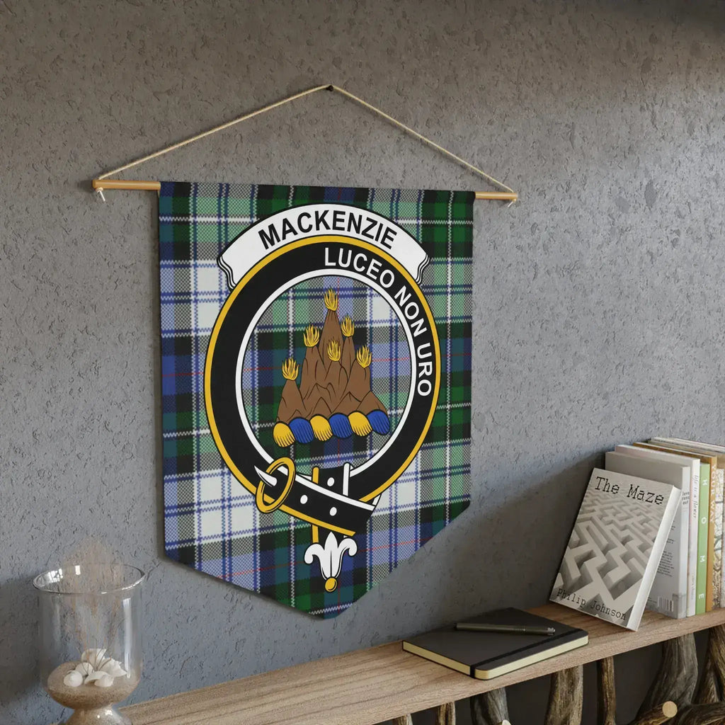 MacKenzie Luceo Non Uro tartan wall hanging pennant — 18x21 I Shine Not Burn heraldic design