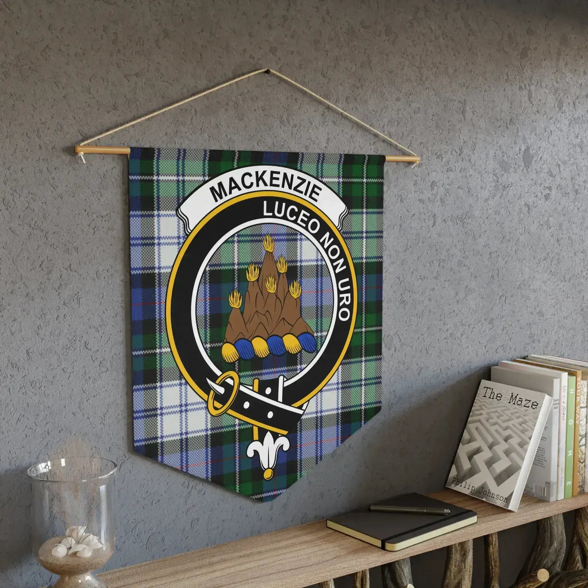 MacKenzie Luceo Non Uro tartan wall hanging pennant — 18x21 I Shine Not Burn heraldic design