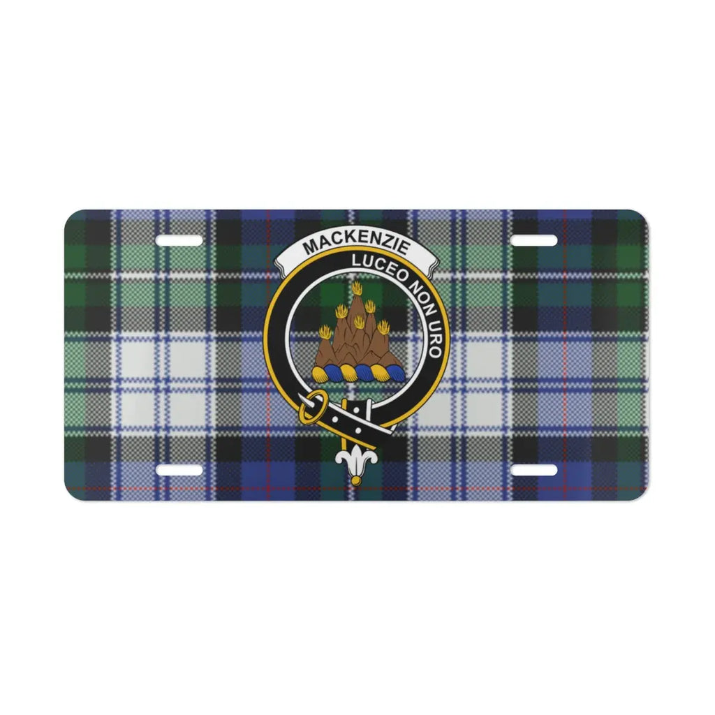 MacKenzie Luceo Non Uro clan tartan plaid design license plate — I Shine Not Burn on aluminium