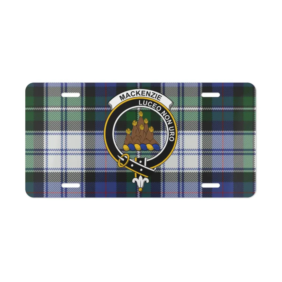 MacKenzie Luceo Non Uro clan tartan plaid design license plate — I Shine Not Burn on aluminium