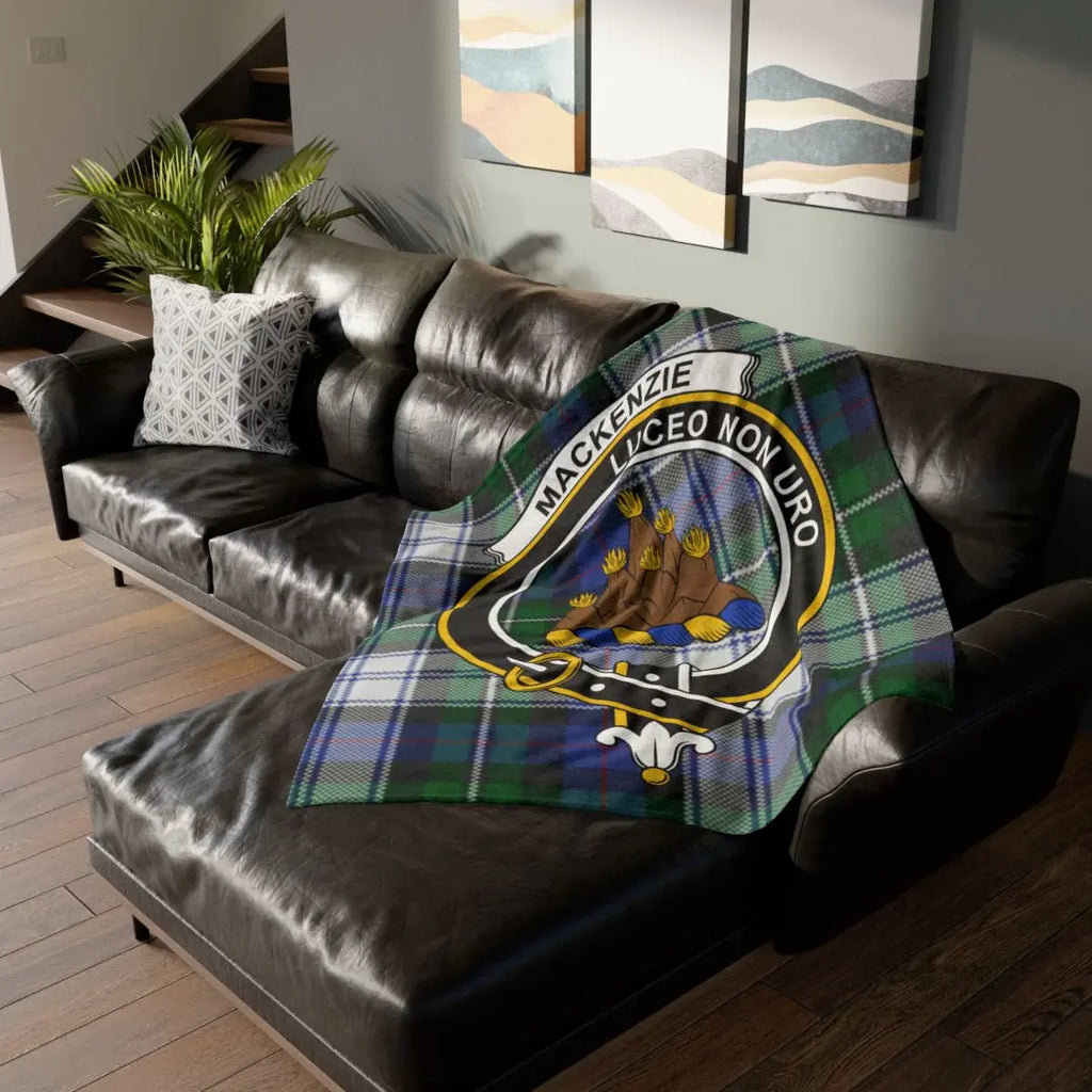 MacKenzie badge tartan throw blanket — 50x60 polyester with Luceo Non Uro clan crest design