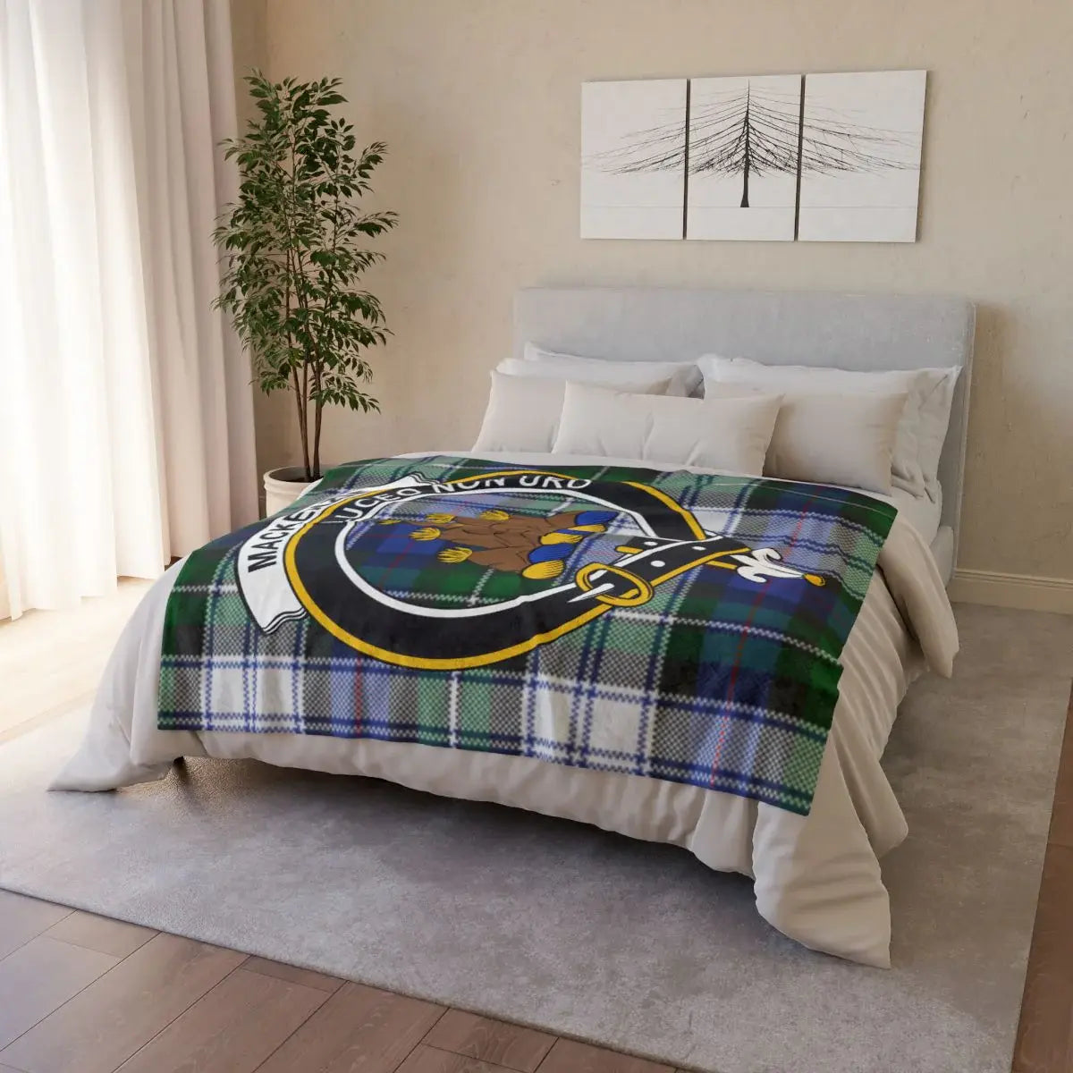 MacKenzie clan crest badge green and blue tartan throw blanket — 100% polyester