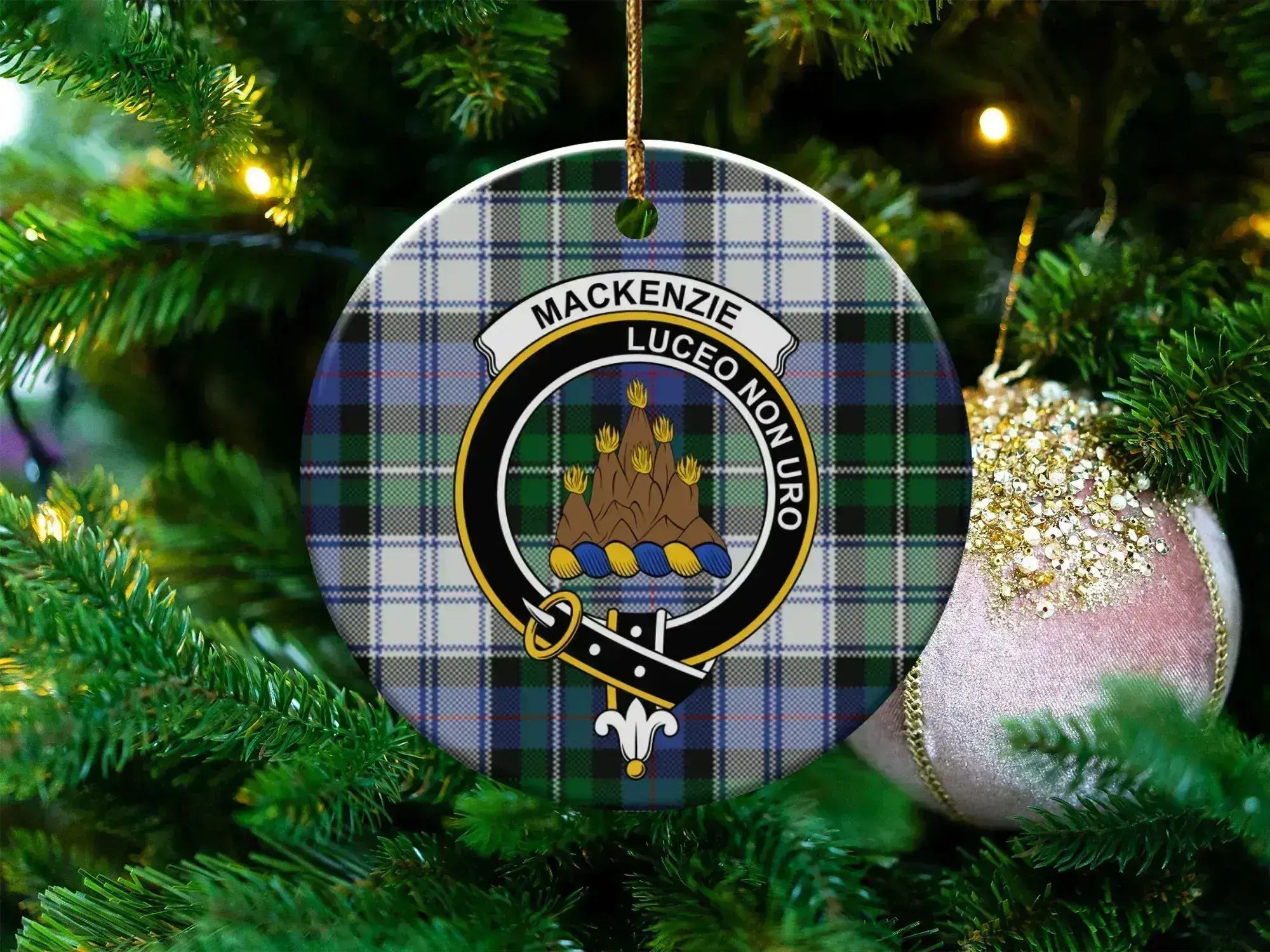 MacKenzie Luceo Non Uro clan crest tartan Christmas ornament — 3-inch round glossy disc