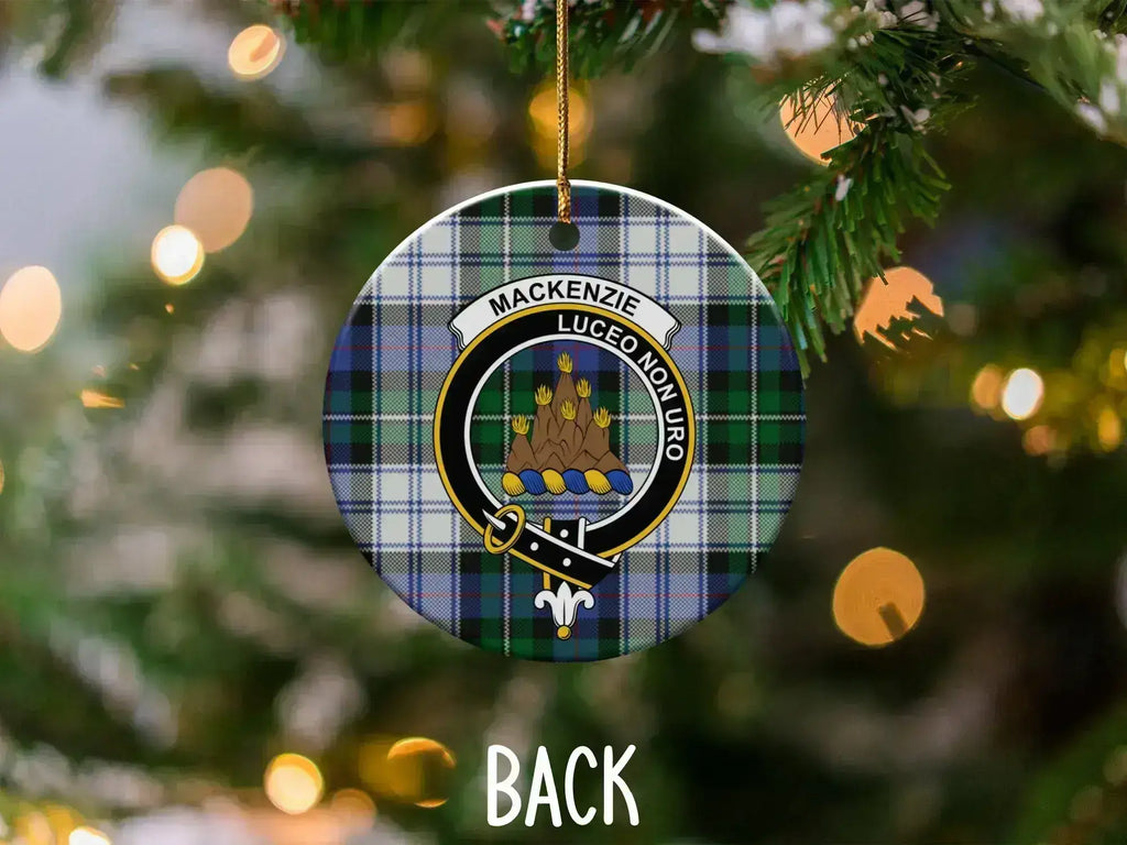 MacKenzie traditional Scottish clan crest Christmas ornament — 3-inch ceramic disc, gold string