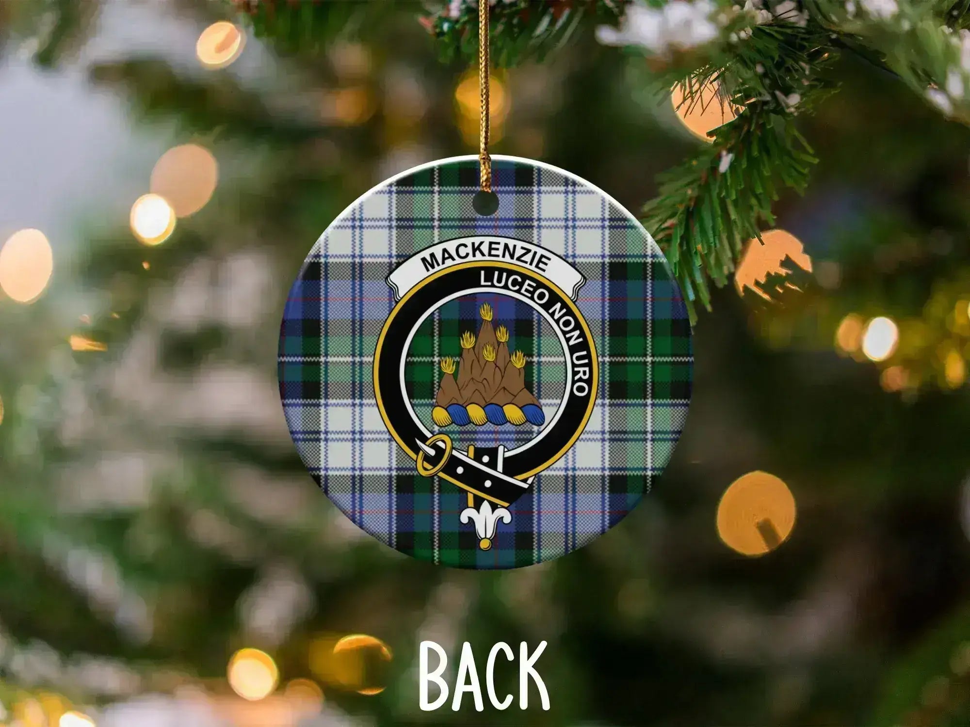 MacKenzie traditional Scottish clan crest Christmas ornament — 3-inch ceramic disc, gold string