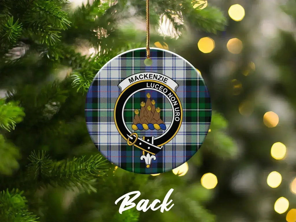 MacKenzie Luceo Non Uro clan crest round ornament — double-sided glazed ceramic, 3-inch disc