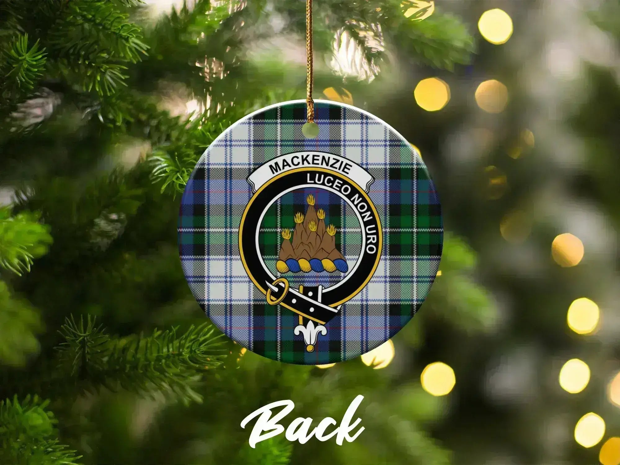 MacKenzie Luceo Non Uro clan crest round ornament — double-sided glazed ceramic, 3-inch disc