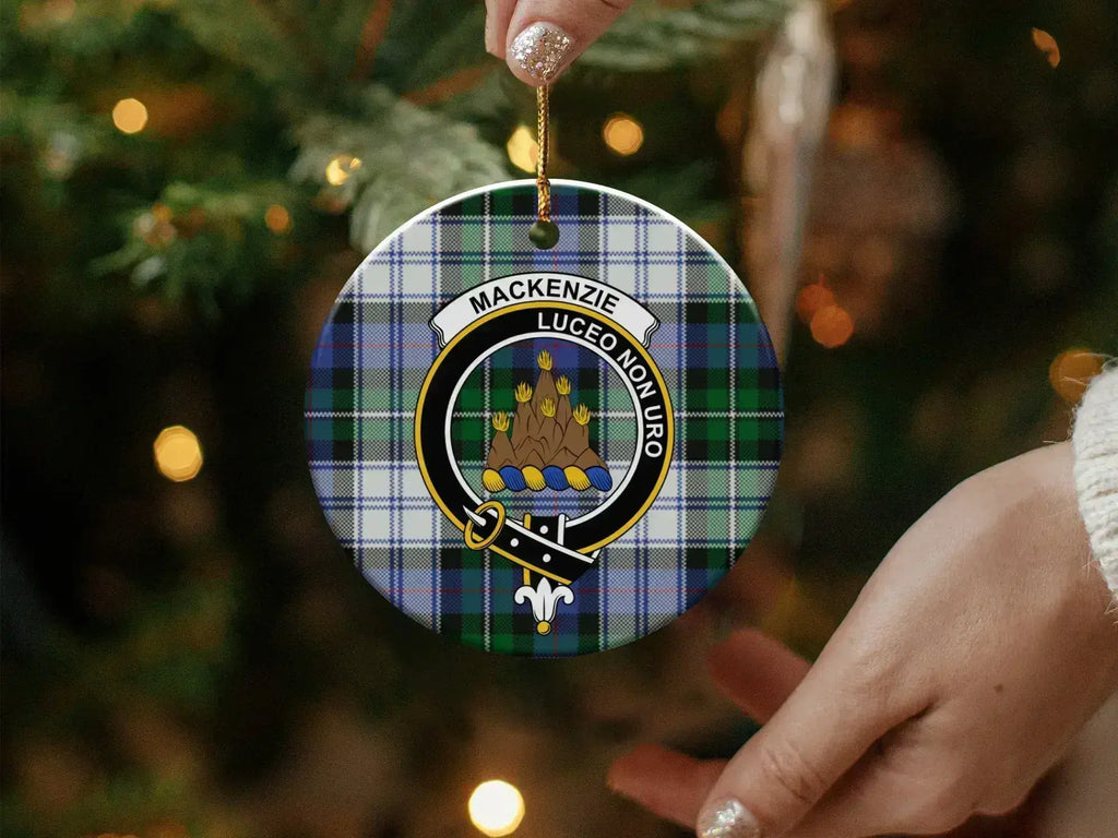 MacKenzie Luceo Non Uro plaid pattern ornament — glossy finish, double-sided 3-inch ceramic disc