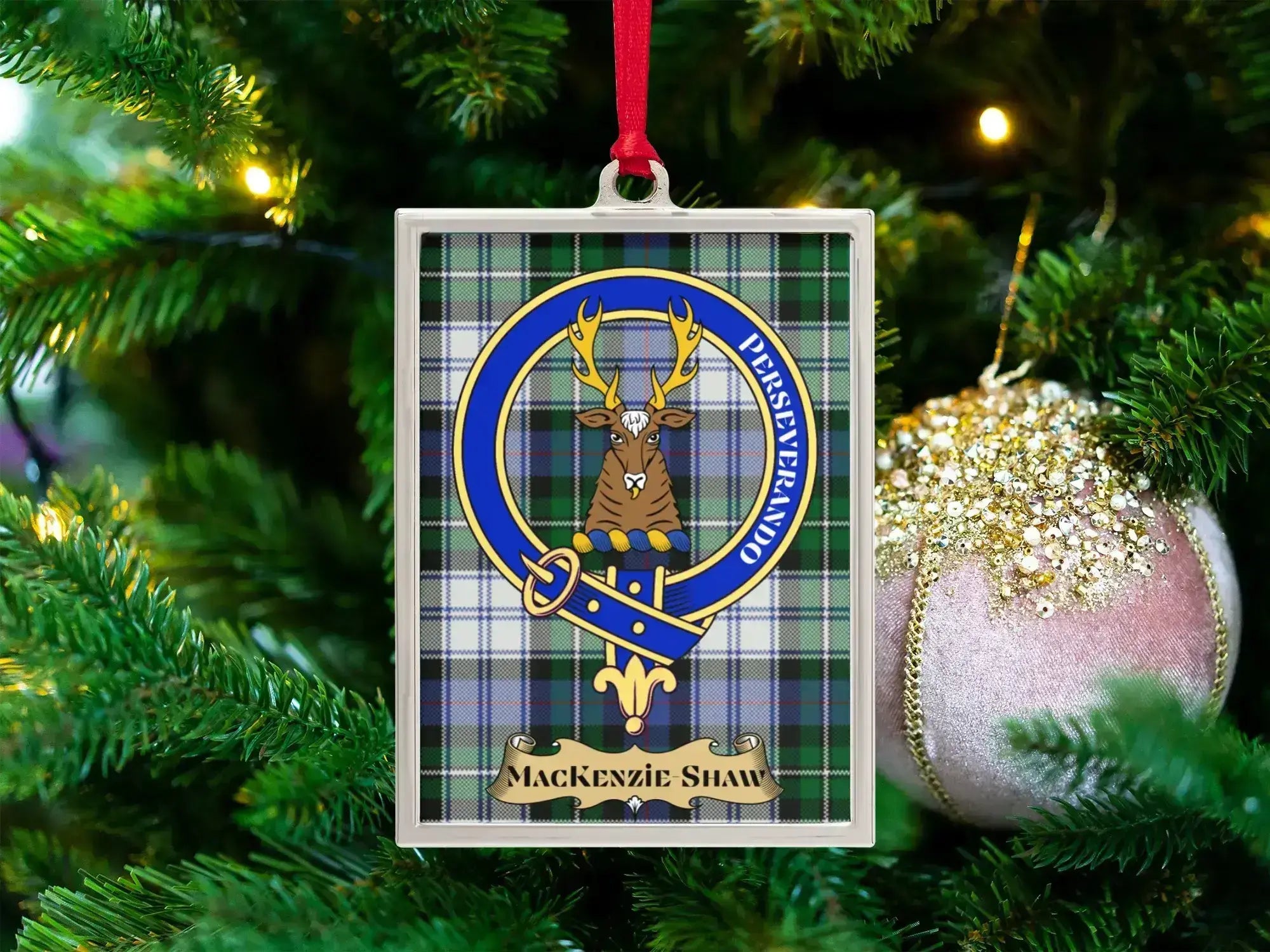 MacKenzie Shaw tartan clan crest ornament — glossy ceramic disc with Perseverando heraldic design