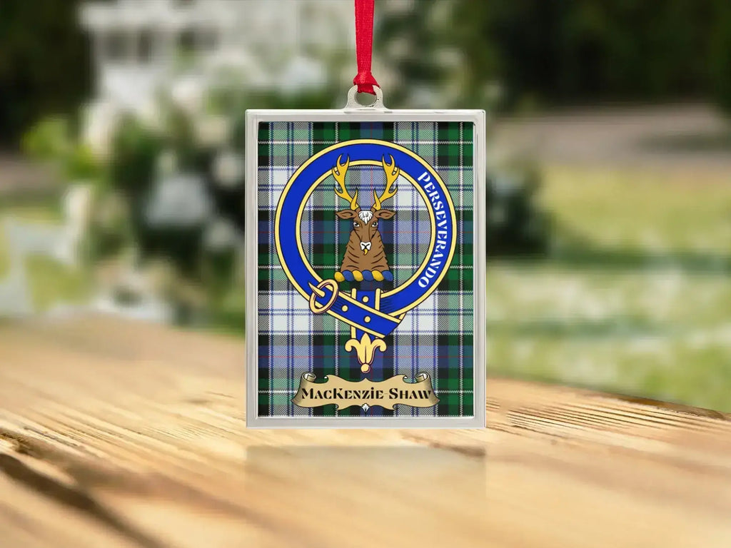 MacKenzie Shaw clan crest tartan ornament — double-sided ceramic disc with hanging string