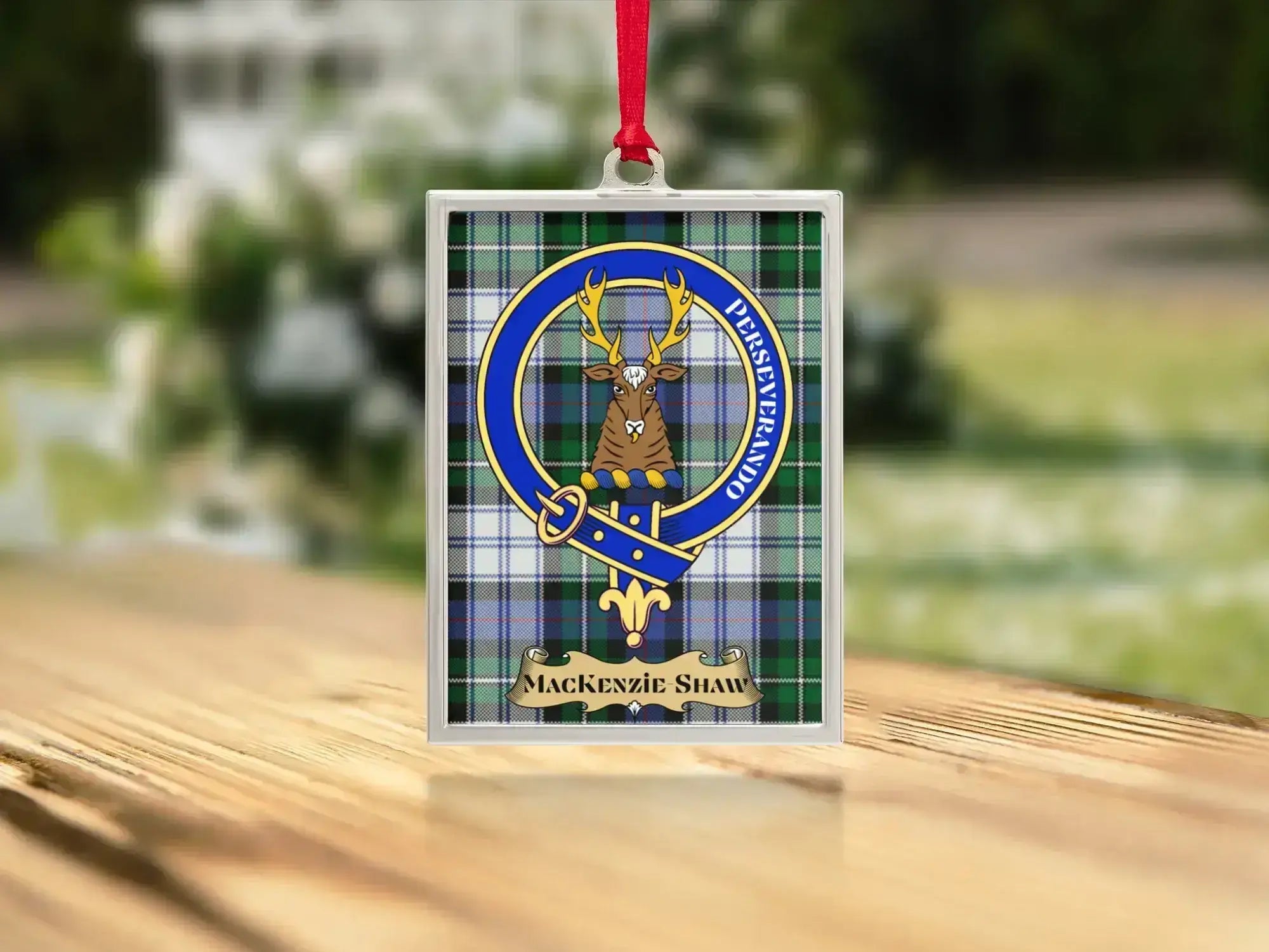MacKenzie Shaw clan crest tartan ornament — double-sided ceramic disc with hanging string