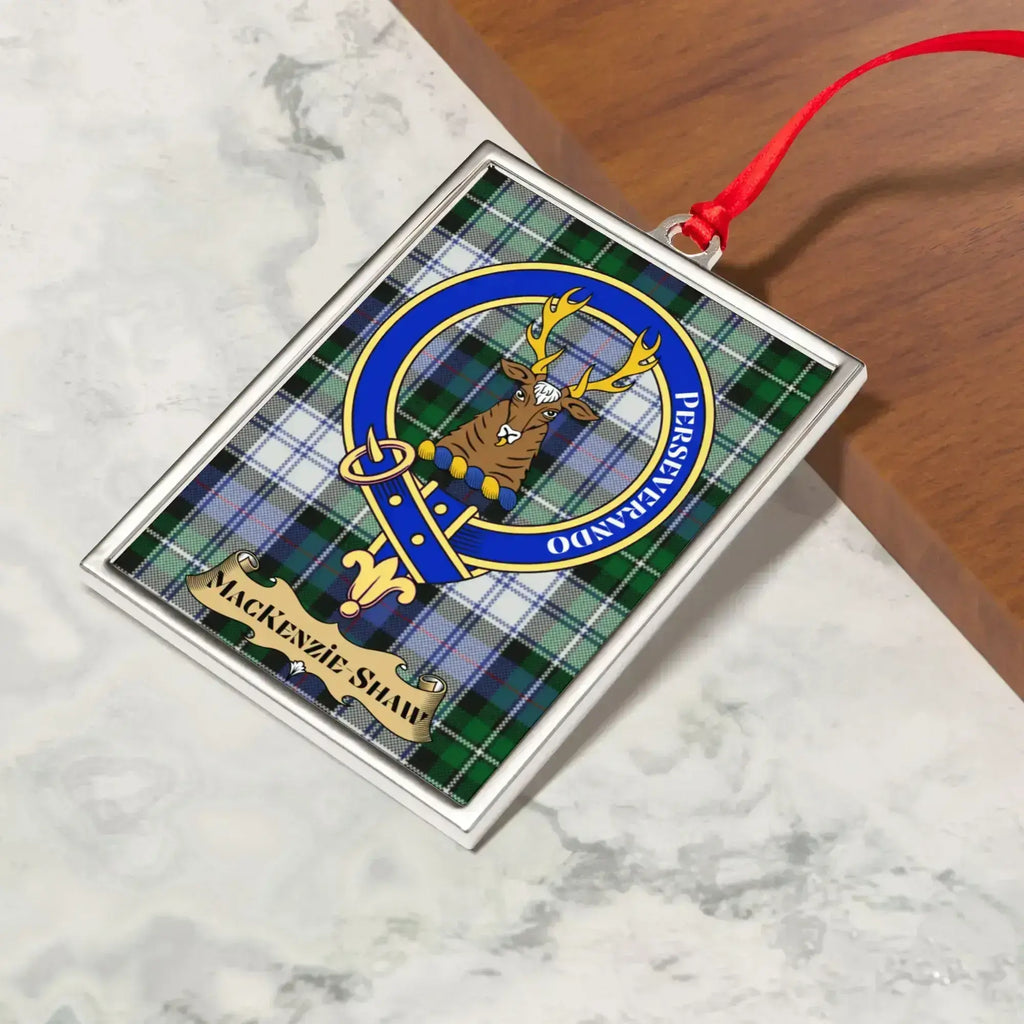 MacKenzie Shaw tartan banner with clan crest ornament — glossy ceramic, Perseverando motto