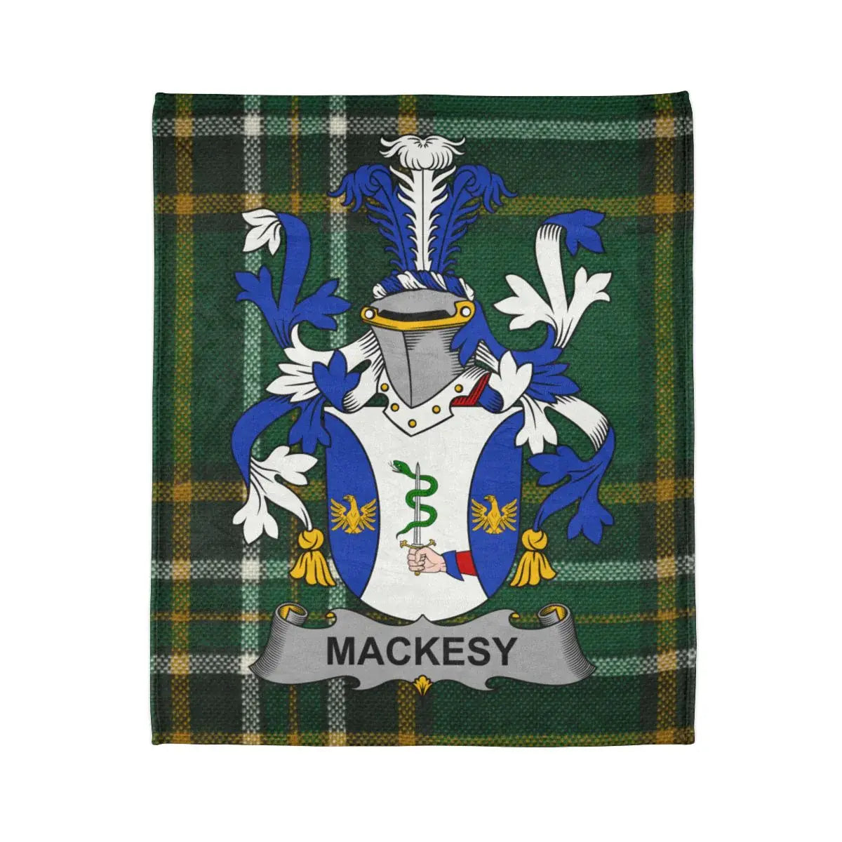 Mackesy Family Crest on Green Tartan Pattern Blanket