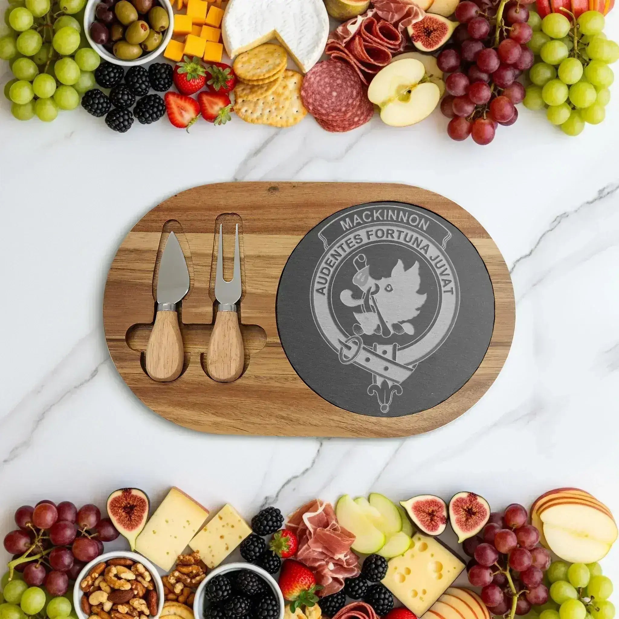 MacKinnon engraved Scottish heritage serving board in acacia wood and slate