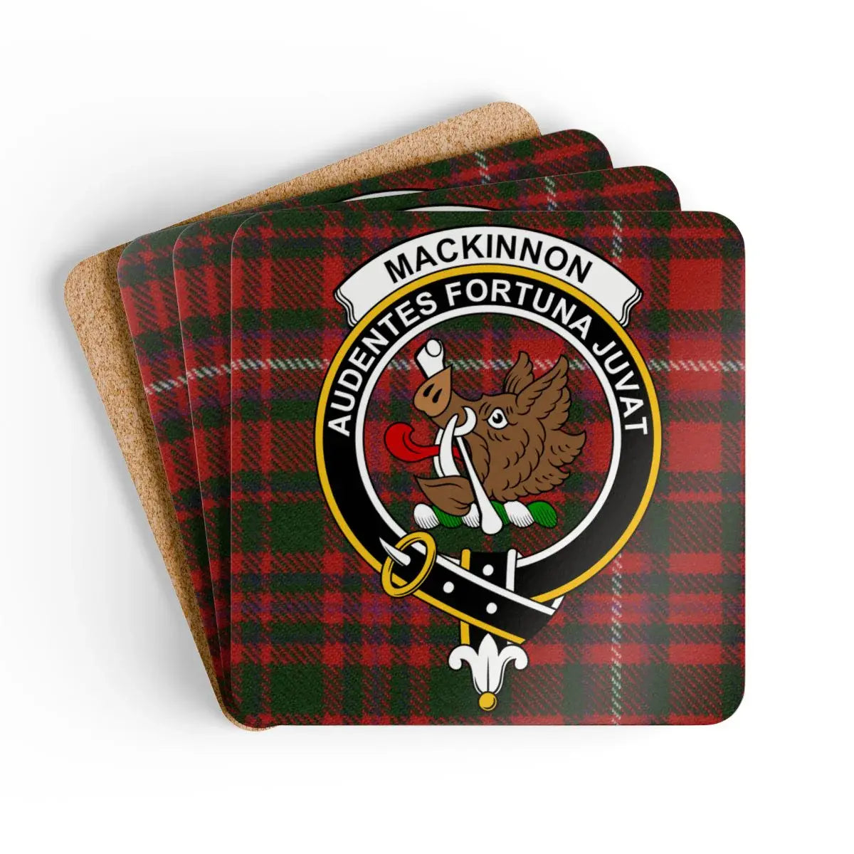MacKinnon clan crest tartan coaster set — Audentes Fortuna Juvat on cork-backed square