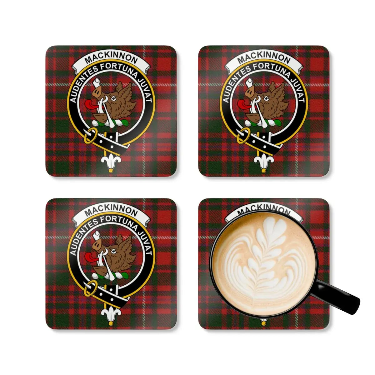 MacKinnon tartan crest coasters displayed on table — full colour Scottish clan crest print