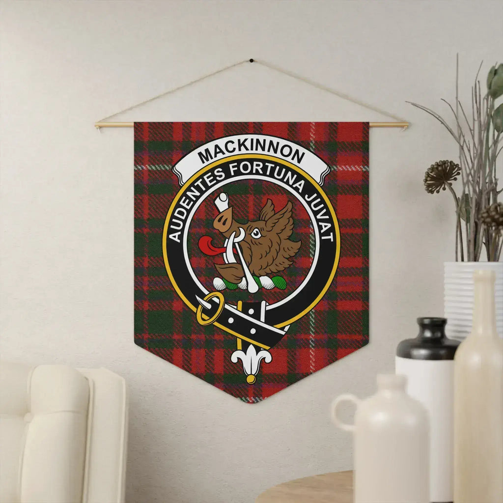 MacKinnon clan crest tartan pennant — Audentes Fortuna Juvat wild boar on 18x21 polyester twill