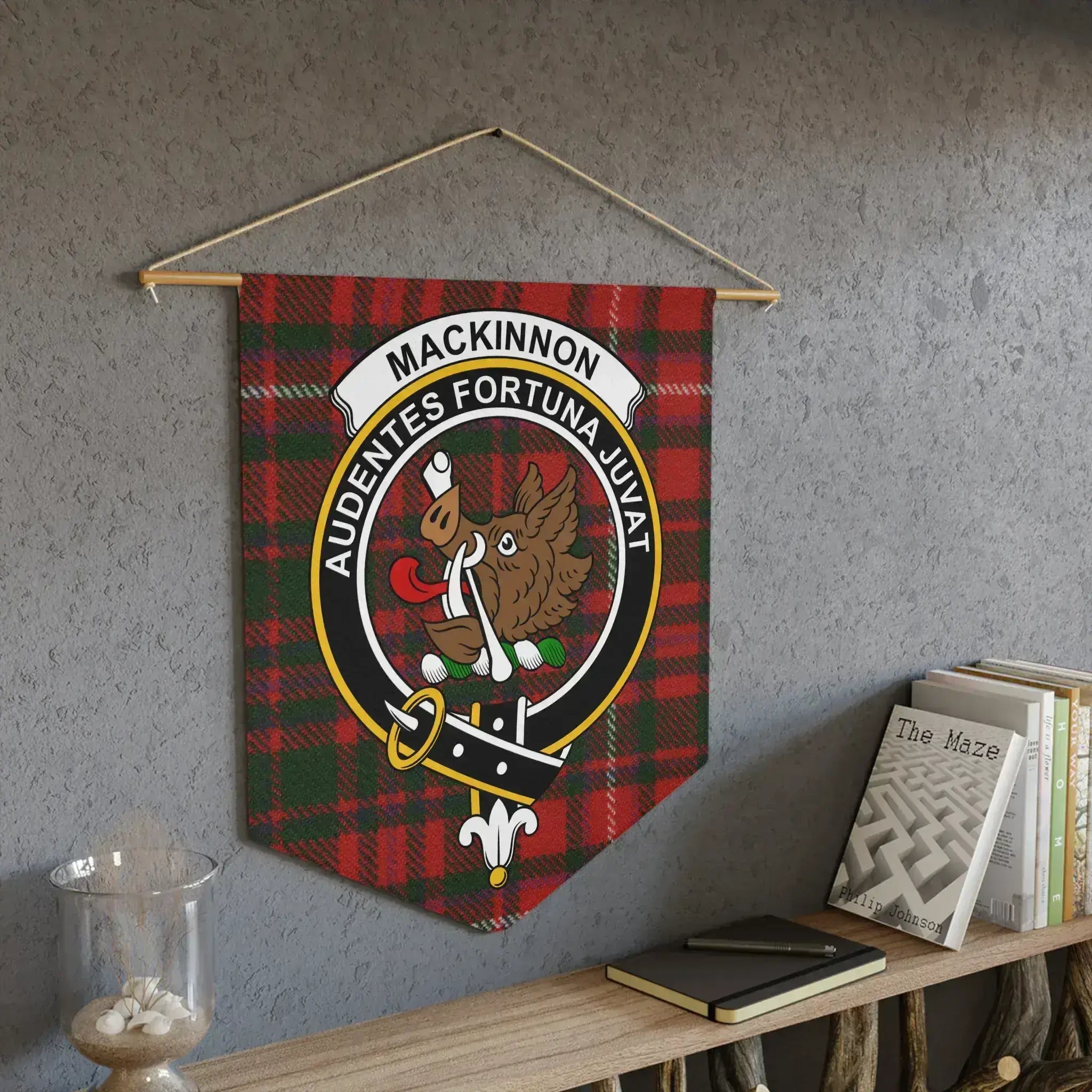 MacKinnon tartan pennant with wooden dowel — Fortune Favours the Bold Scottish heritage wall banner