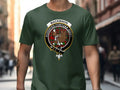 MacKinnon Audentes Fortuna Juvat crest printed black t-shirt — Fortune Favours the Bold tartan front