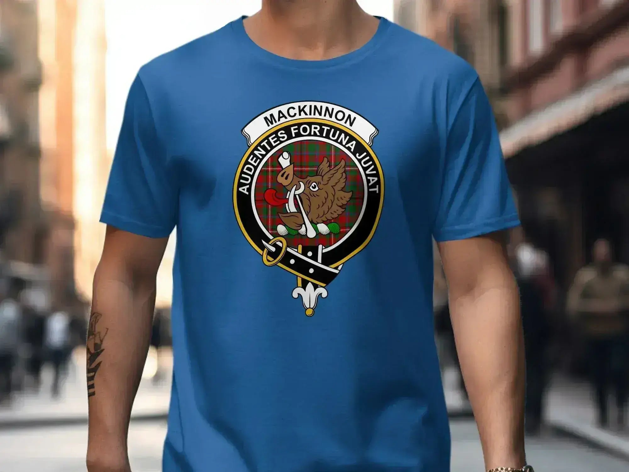 MacKinnon crest tartan t-shirt — Audentes Fortuna Juvat motto on navy cotton unisex tee