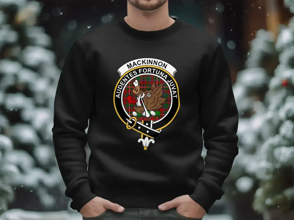 Clan MacKinnon crest sweatshirt in black — wild boar tartan motto on fleece crewneck