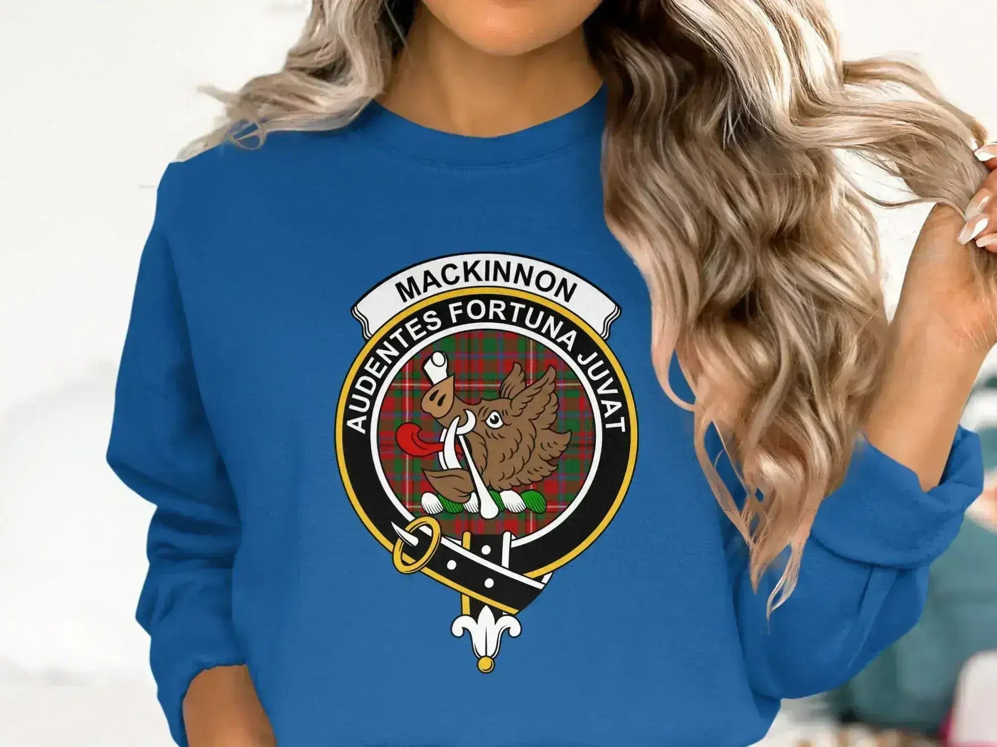 MacKinnon Audentes Fortuna Juvat sweatshirt in royal blue — printed crest on crewneck fleece