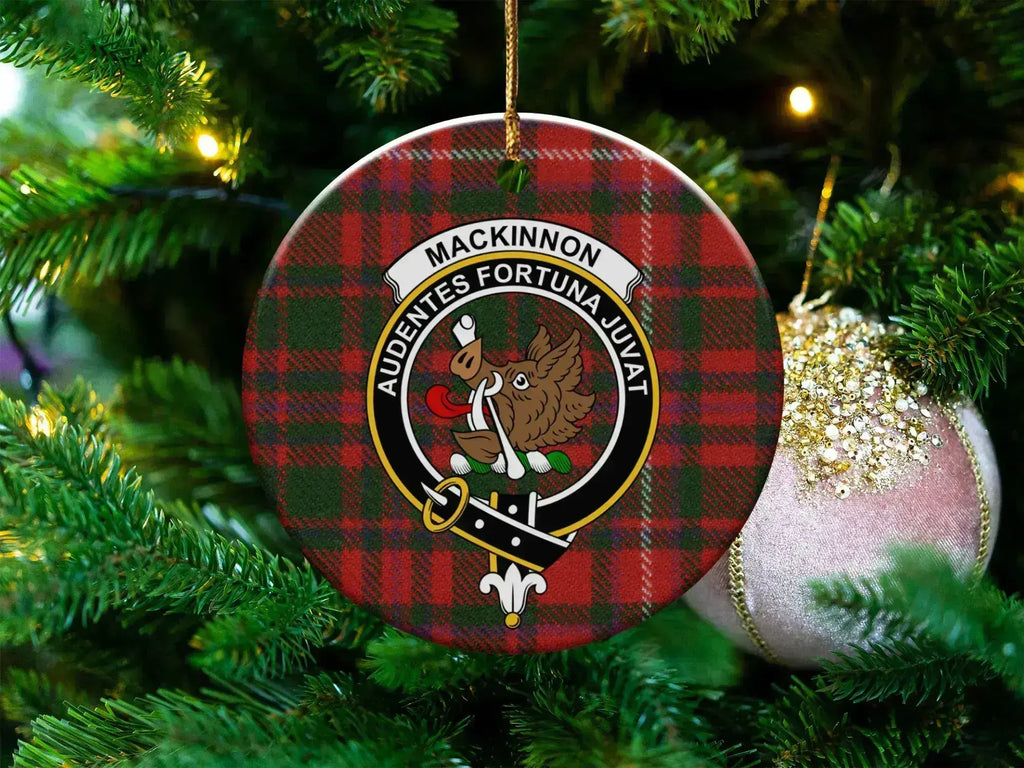 MacKinnon clan crest tartan ceramic ornament — Audentes Fortuna Juvat double-sided 3-inch round