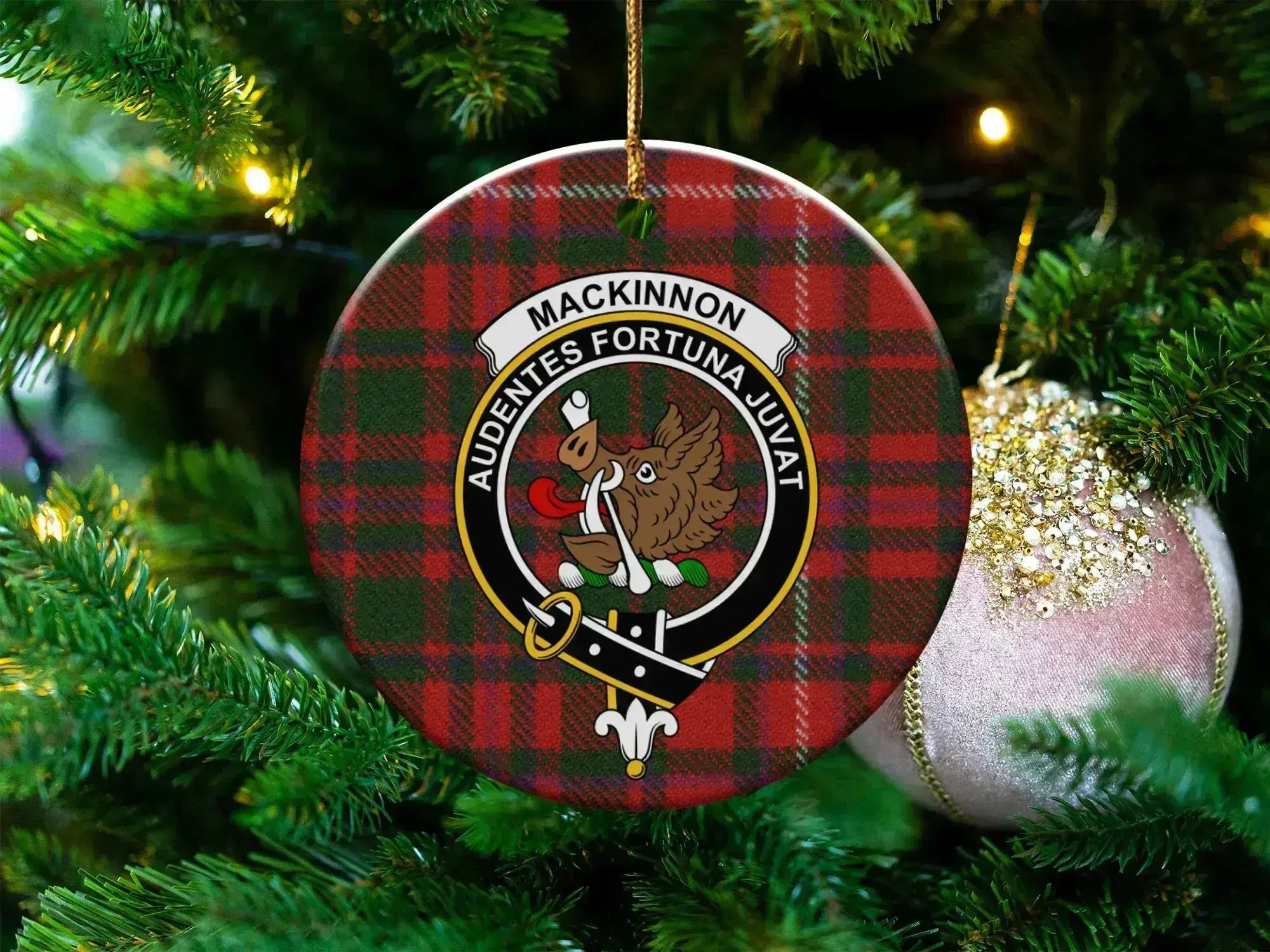 MacKinnon clan crest tartan ceramic ornament — Audentes Fortuna Juvat double-sided 3-inch round