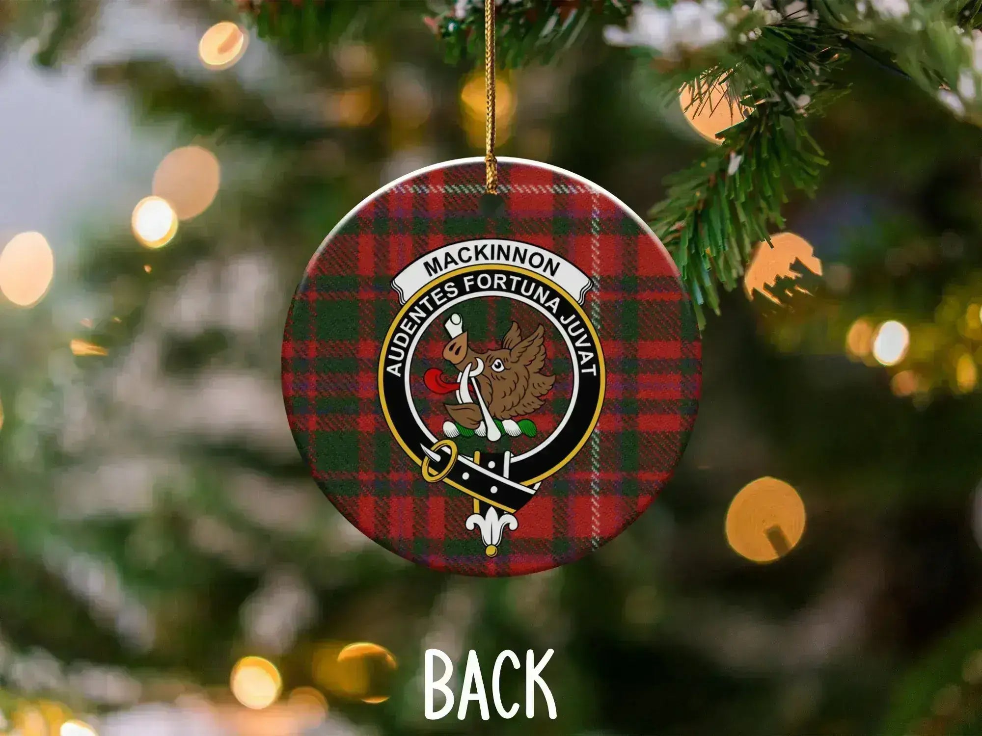 MacKinnon tartan crest ornament reverse side — gold hanging string and UV printed design