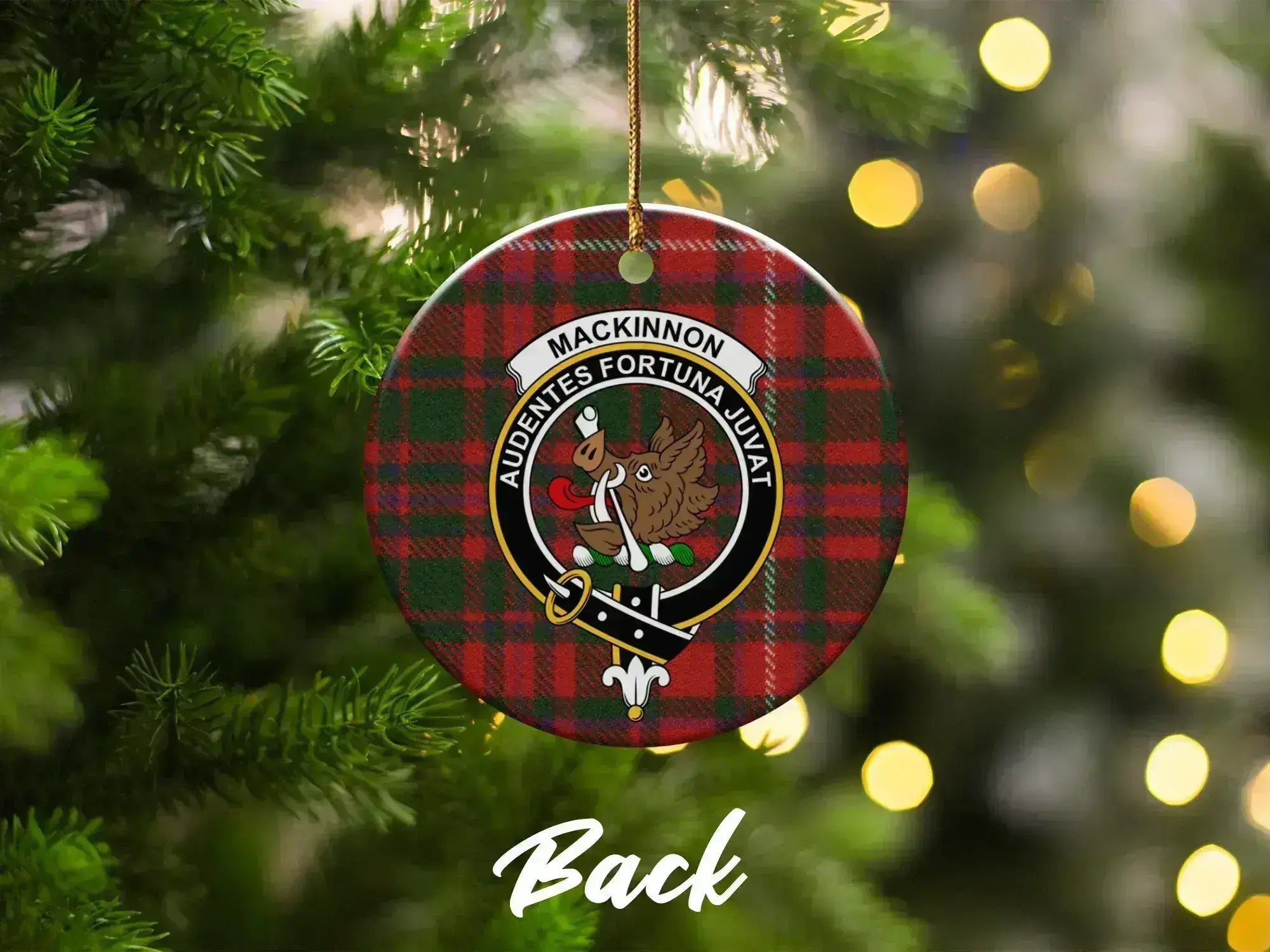 MacKinnon clan crest ceramic ornament on Christmas tree — 3-inch round Scottish keepsake