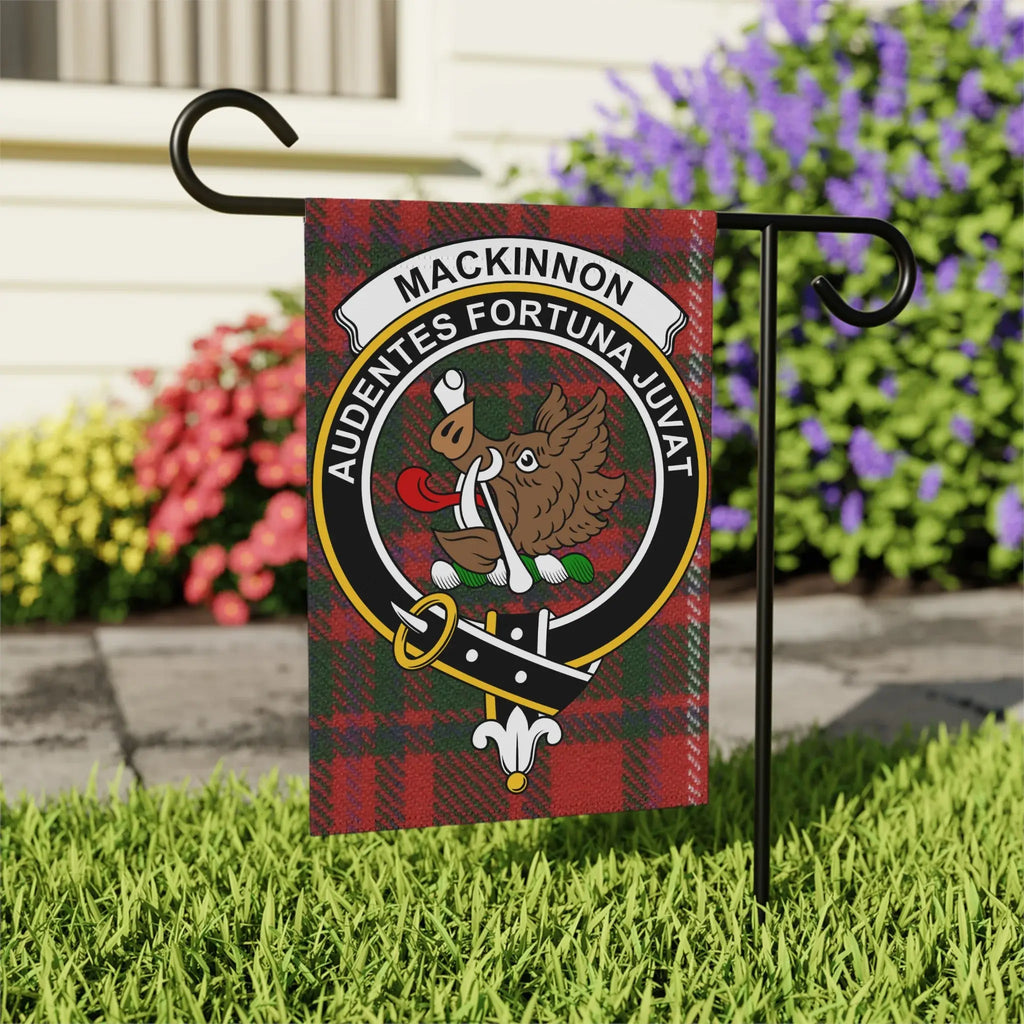 MacKinnon tartan crest garden flag on outdoor stake — larger 24.5x32 porch display size