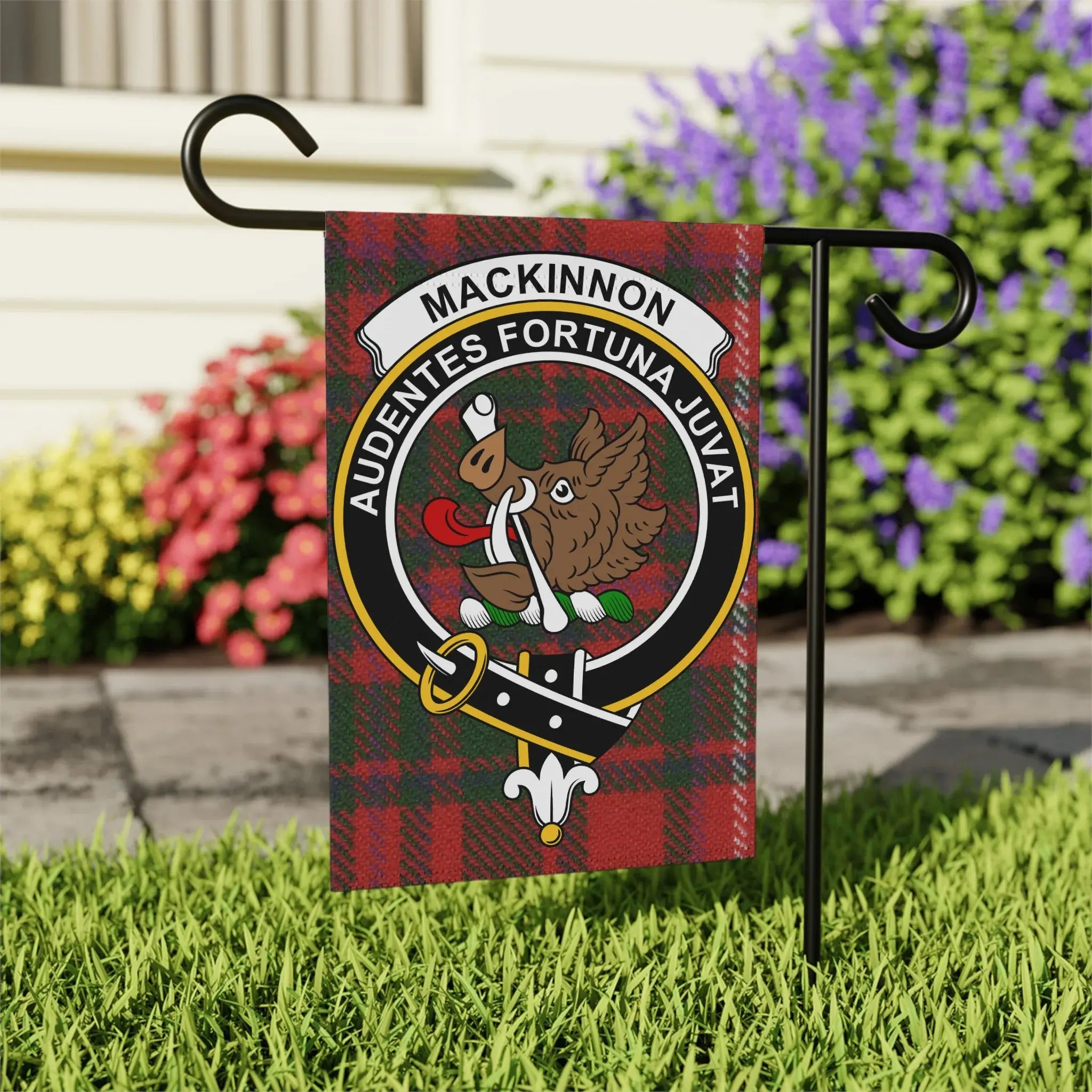 MacKinnon tartan crest garden flag on outdoor stake — larger 24.5x32 porch display size