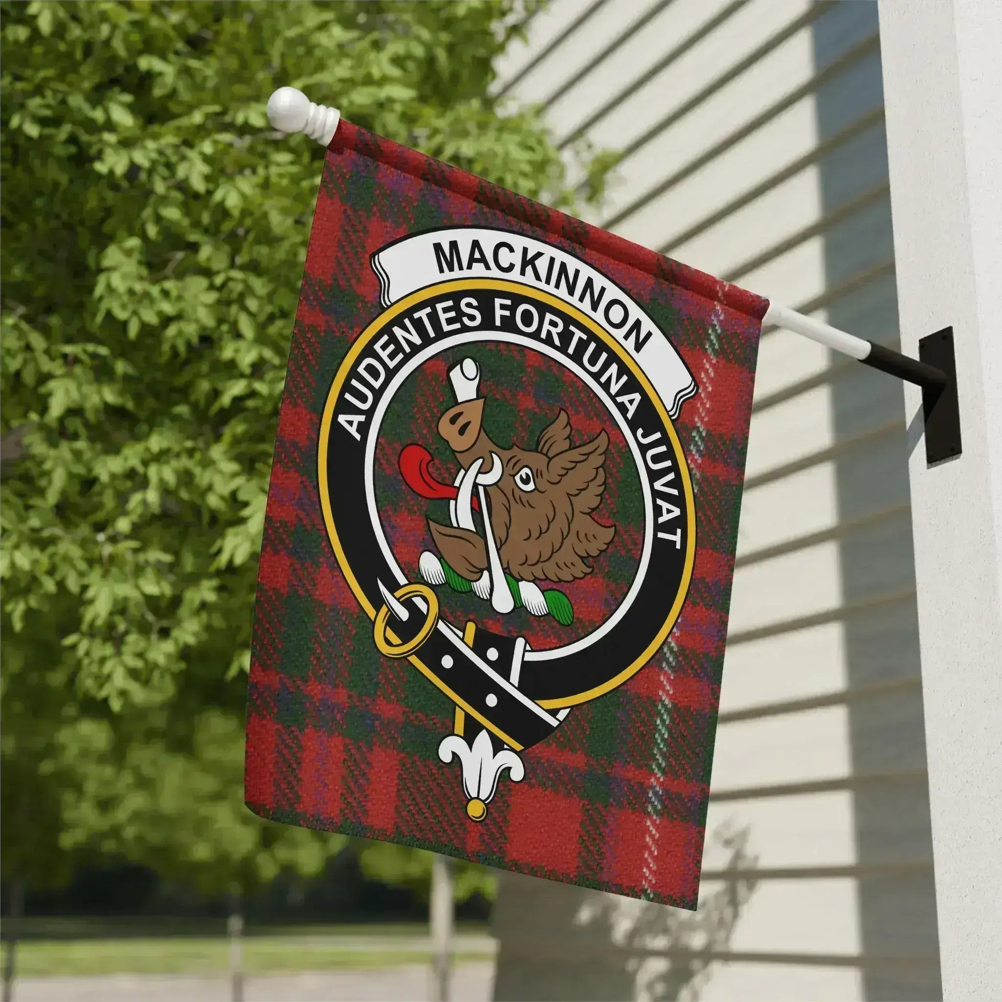 MacKinnon clan crest tartan garden flag second design — Fortune Favours the Bold 12x18 inch