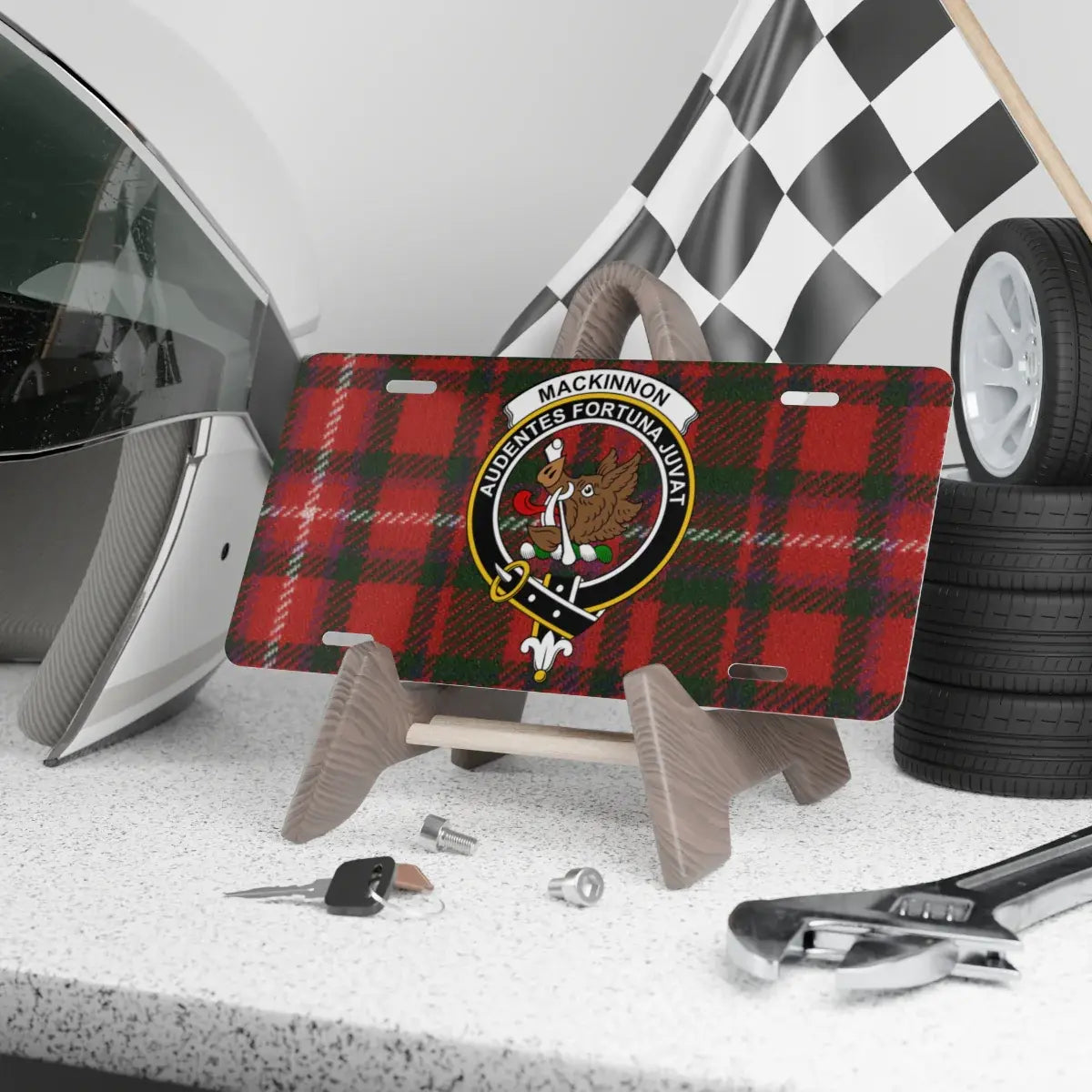 MacKinnon clan crest tartan novelty license plate — Audentes Fortuna Juvat on aluminium 12x6