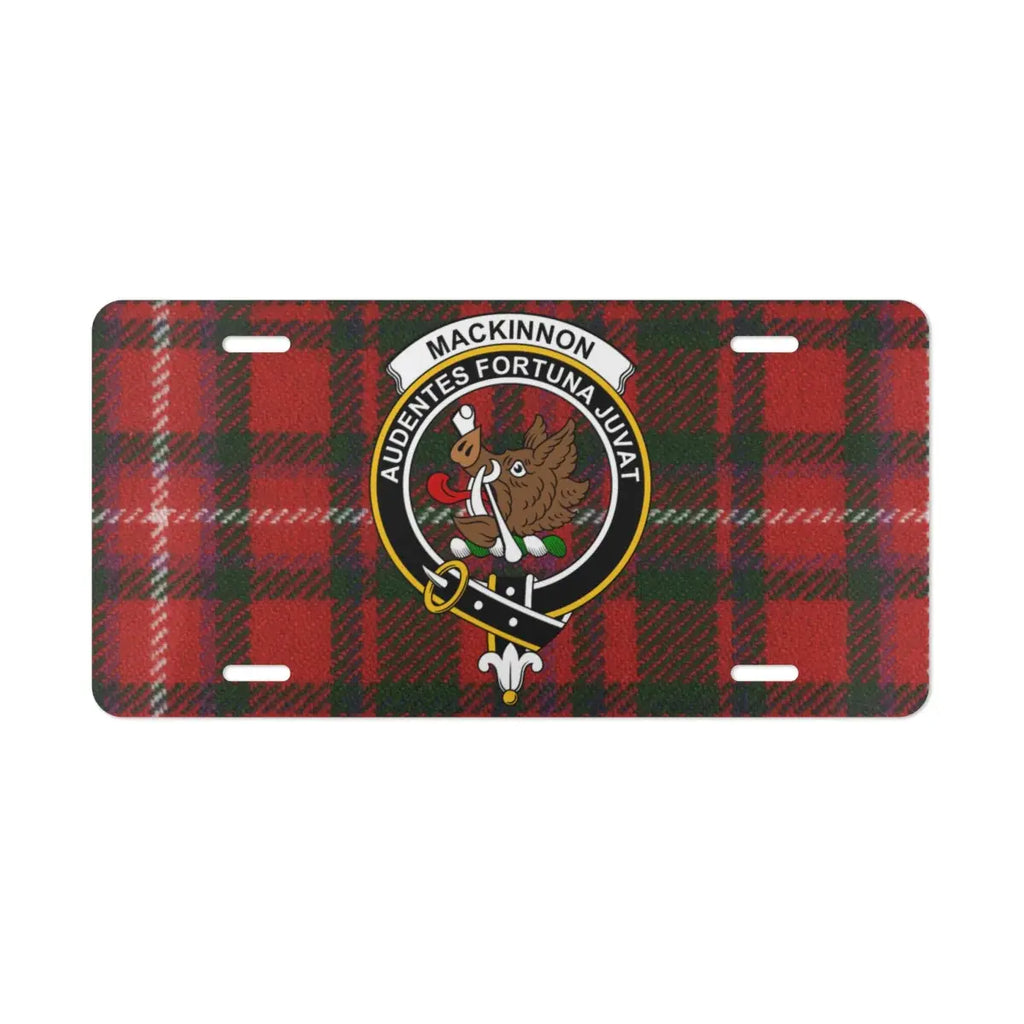 MacKinnon clan crest tartan license plate — vivid print on white aluminium front 12x6