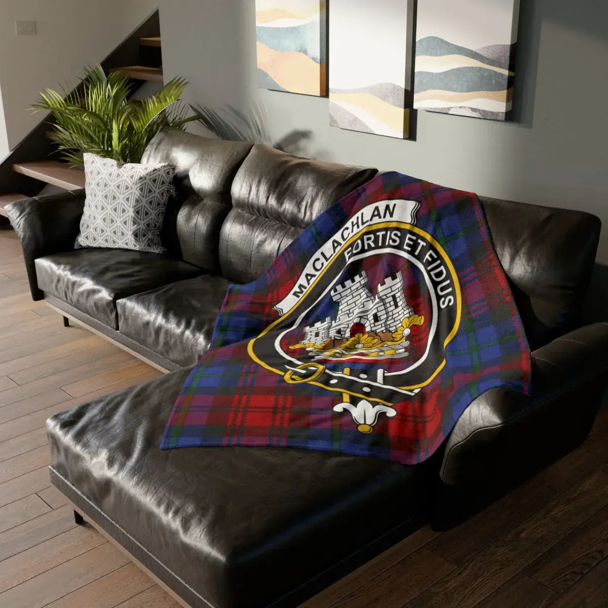 MacLachlan Fortis et Fidus clan crest tartan throw blanket — 50x60 polyester with heraldic design