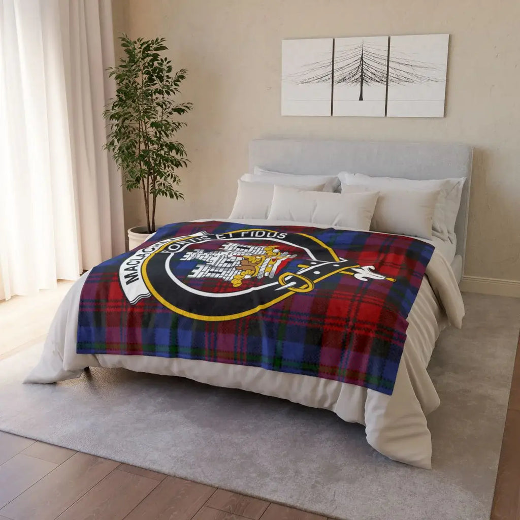 MacLachlan clan crest throw blanket on sofa — lightweight 100% polyester with clan tartan design